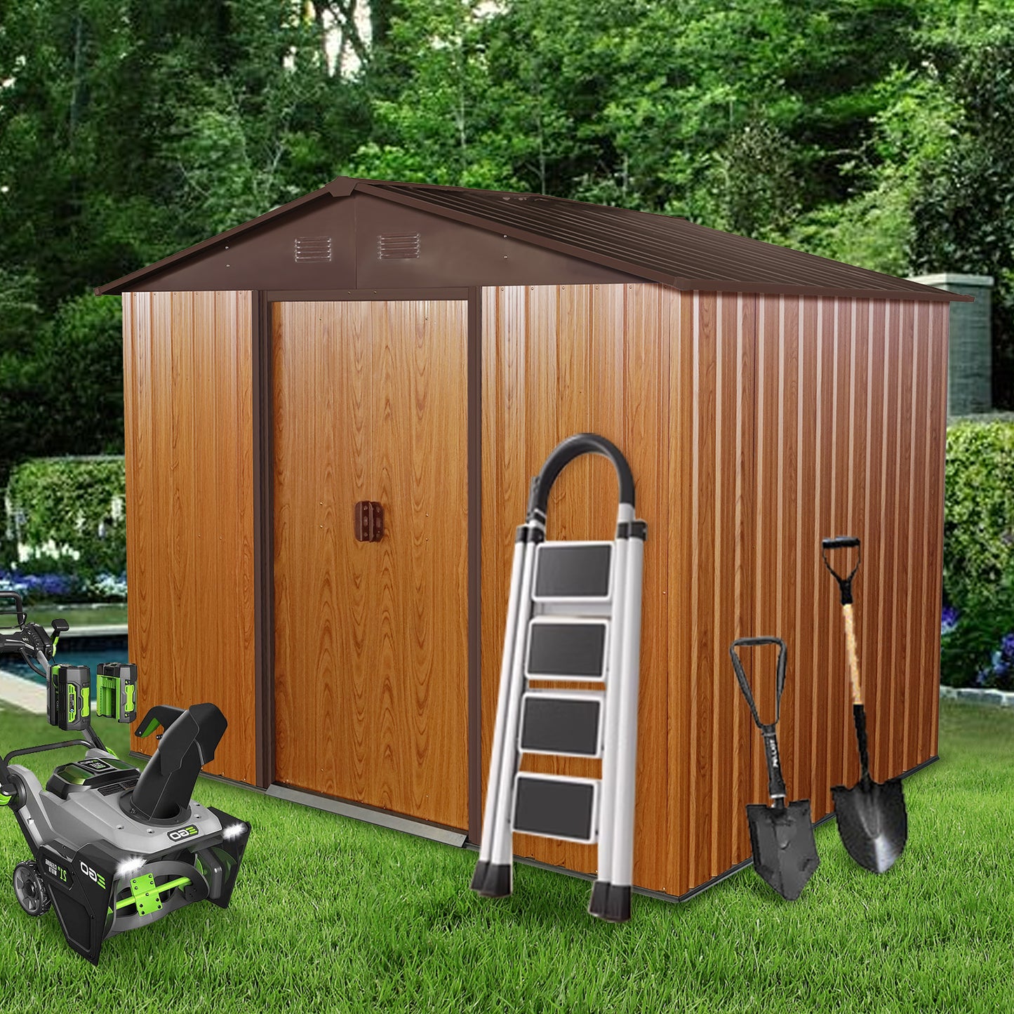 6ft x 8ft Outdoor Metal Storage Shed with Metal Floor Base and Ventilation- Coffee_1