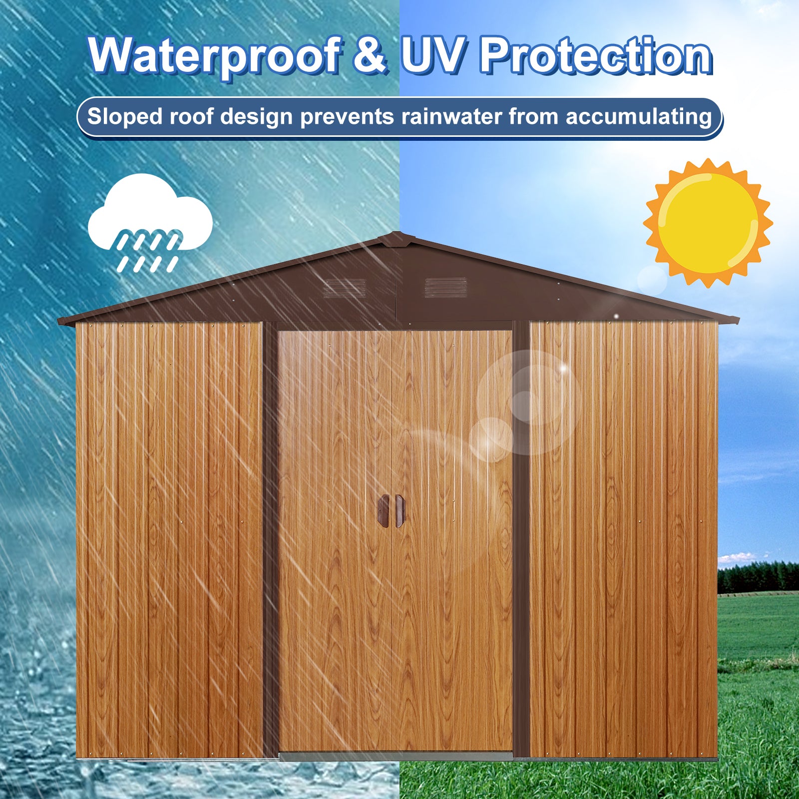 6ft x 8ft Outdoor Metal Storage Shed with Metal Floor Base and Ventilation- Coffee_2