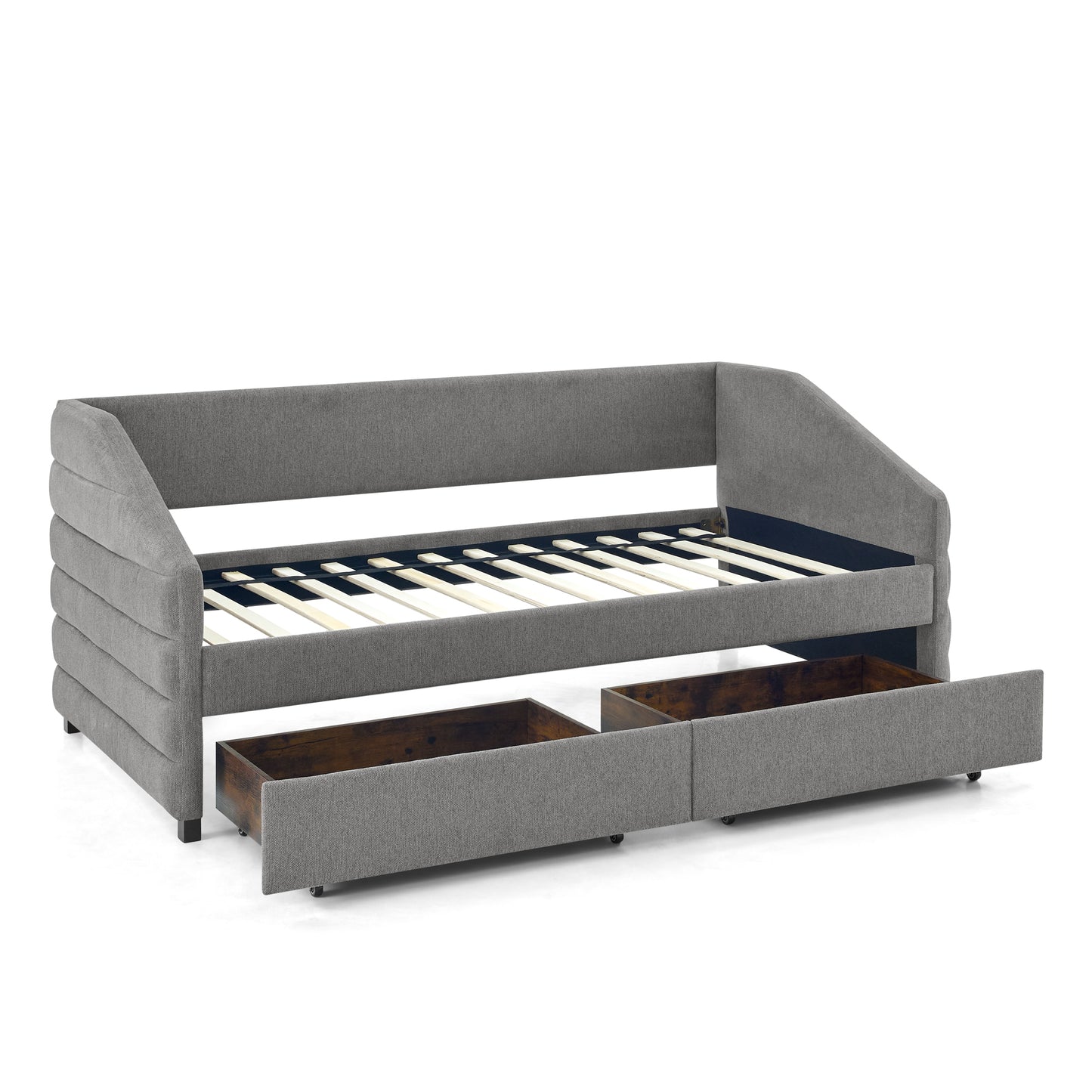 Twin Size Daybed with Two Drawers Trundle Upholstered Tufted Sofa Bed- Grey_6