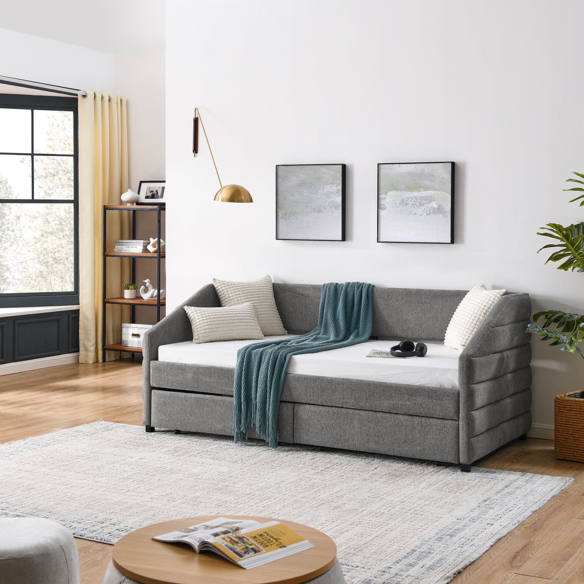Twin Size Daybed with Two Drawers Trundle Upholstered Tufted Sofa Bed- Grey_3