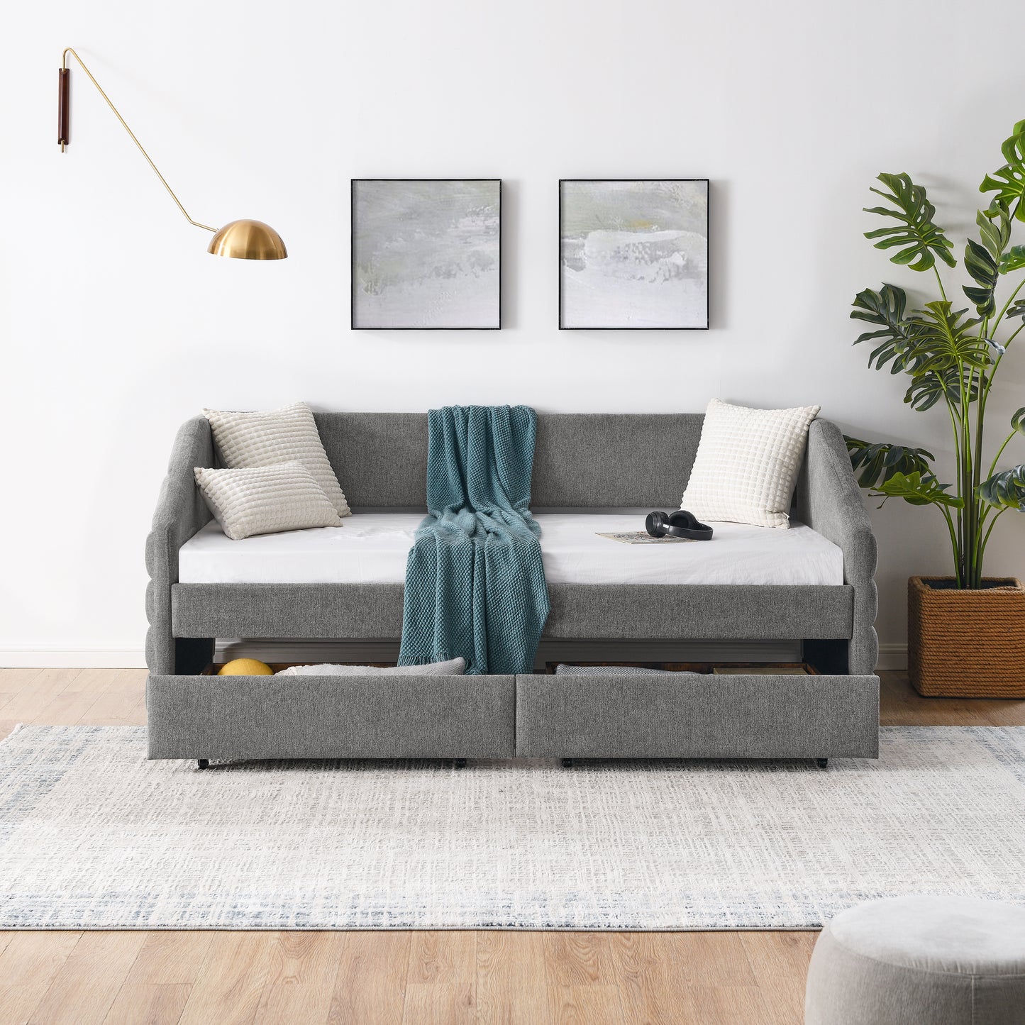Twin Size Daybed with Two Drawers Trundle Upholstered Tufted Sofa Bed- Grey_4