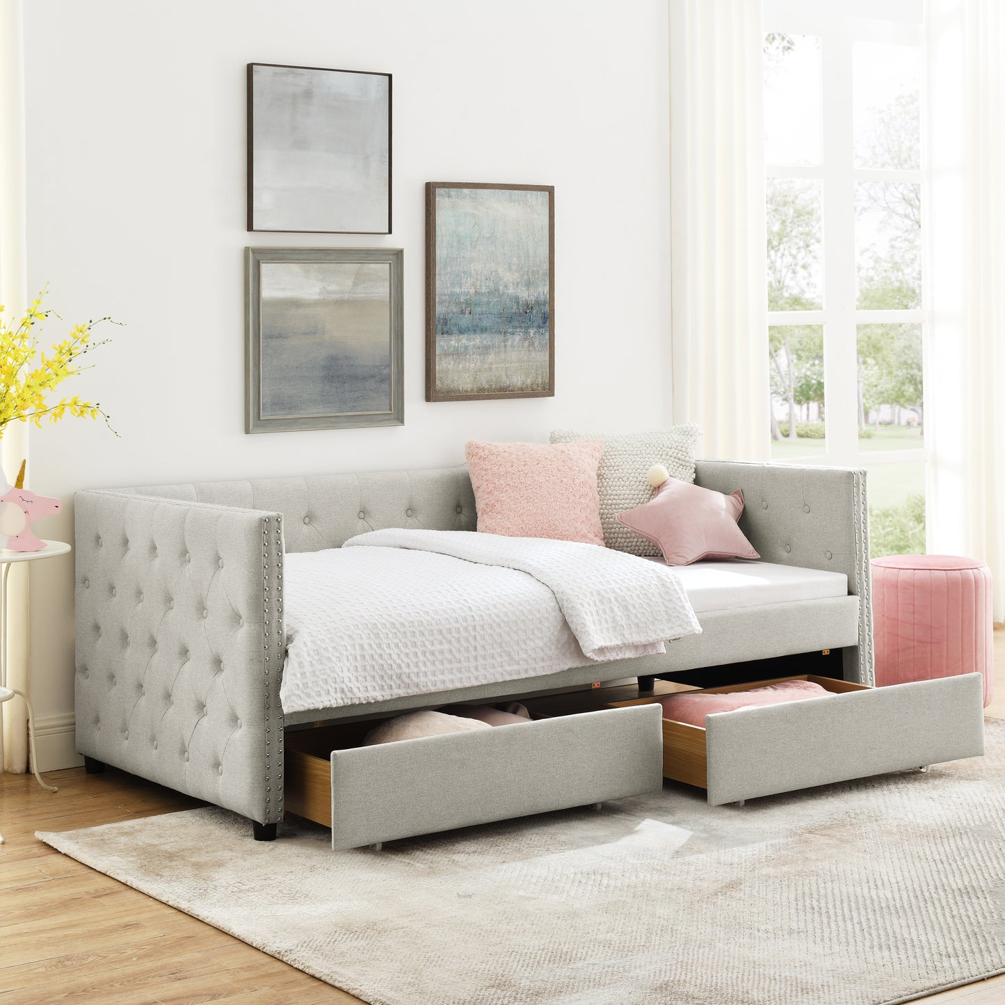 Two Drawers Upholstered Tufted Twin Size Daybed with Nail Heads- Beige_0