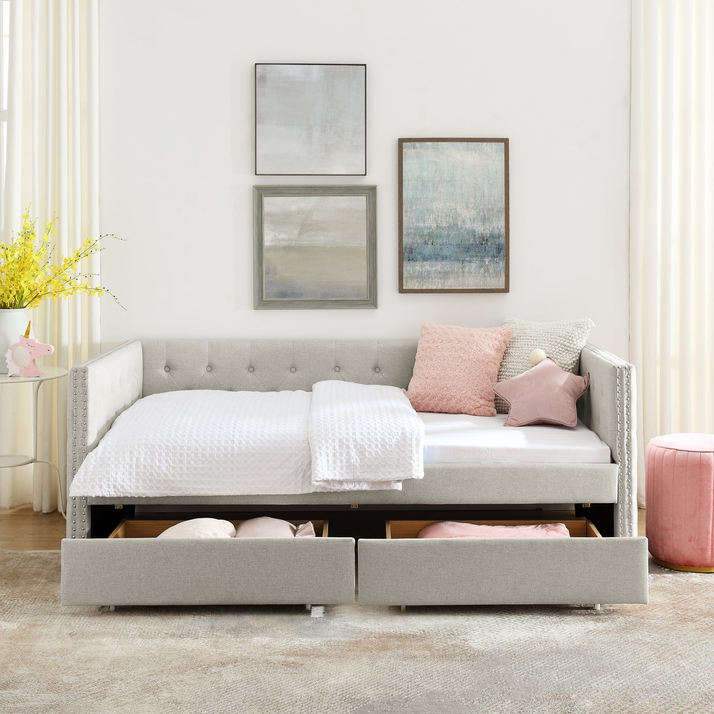 Two Drawers Upholstered Tufted Twin Size Daybed with Nail Heads- Beige_5