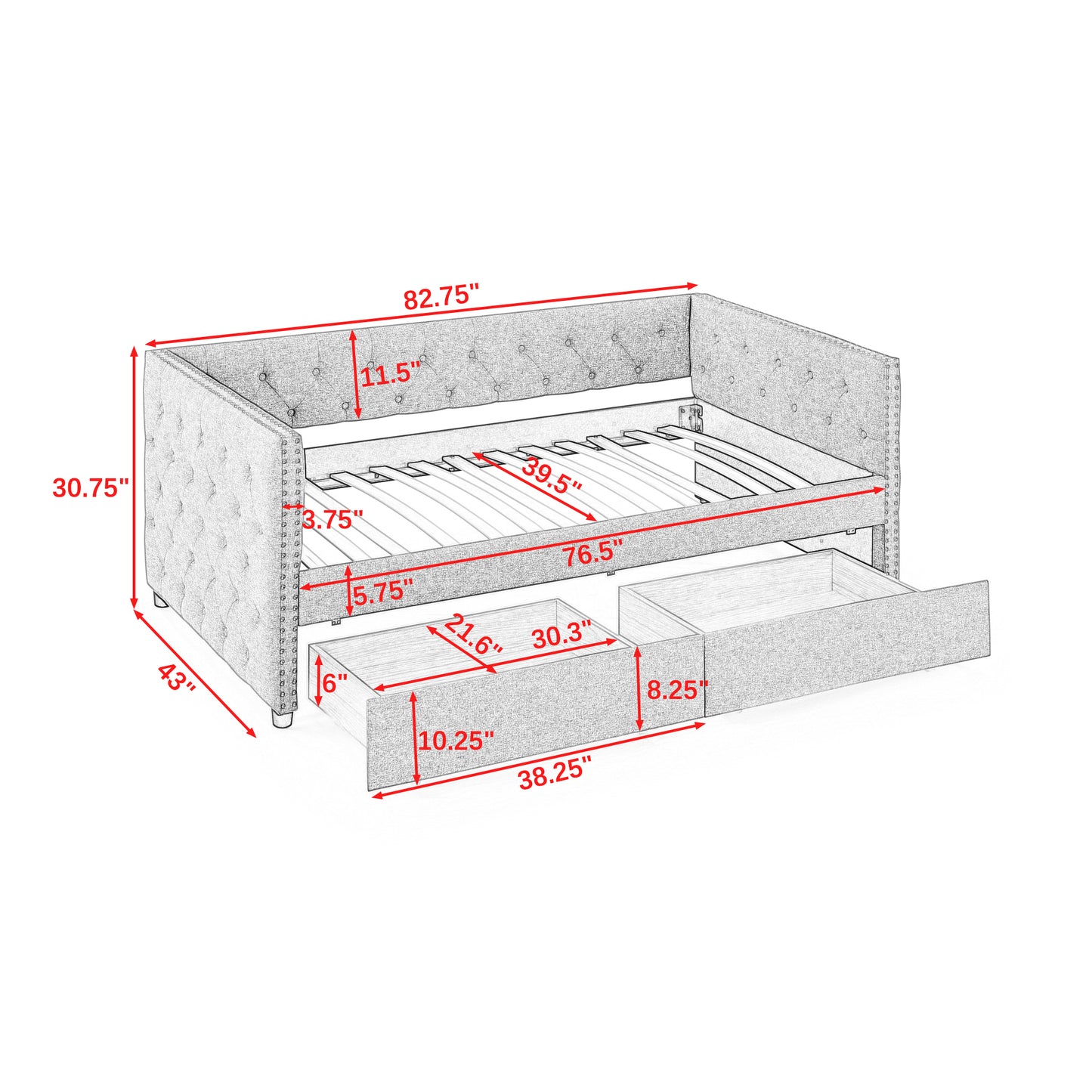Two Drawers Upholstered Tufted Twin Size Daybed with Nail Heads- Beige_16