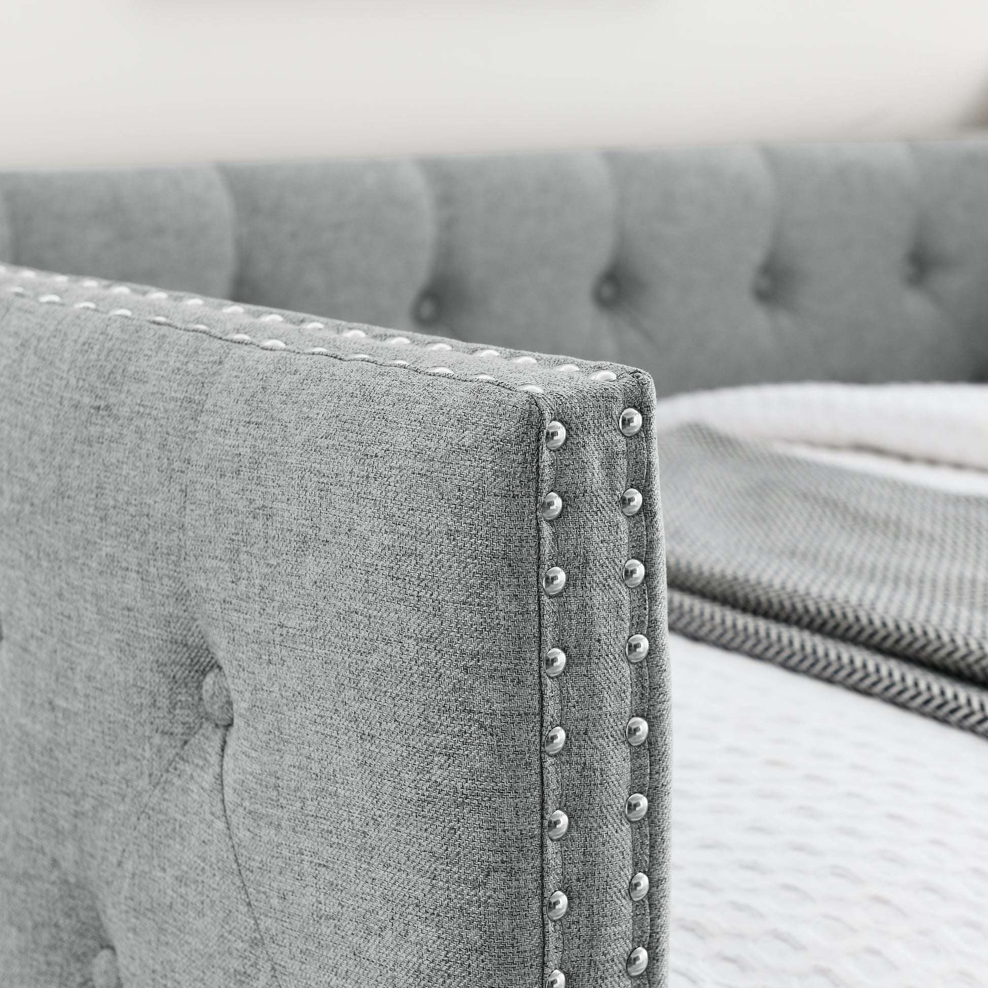 Two Drawers Upholstered Tufted Twin Size Daybed with Nail Heads- Grey_14