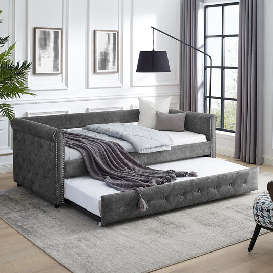 Elegant Full Size Linen Upholstered Daybed with Backrest and Armrests- Gray_0