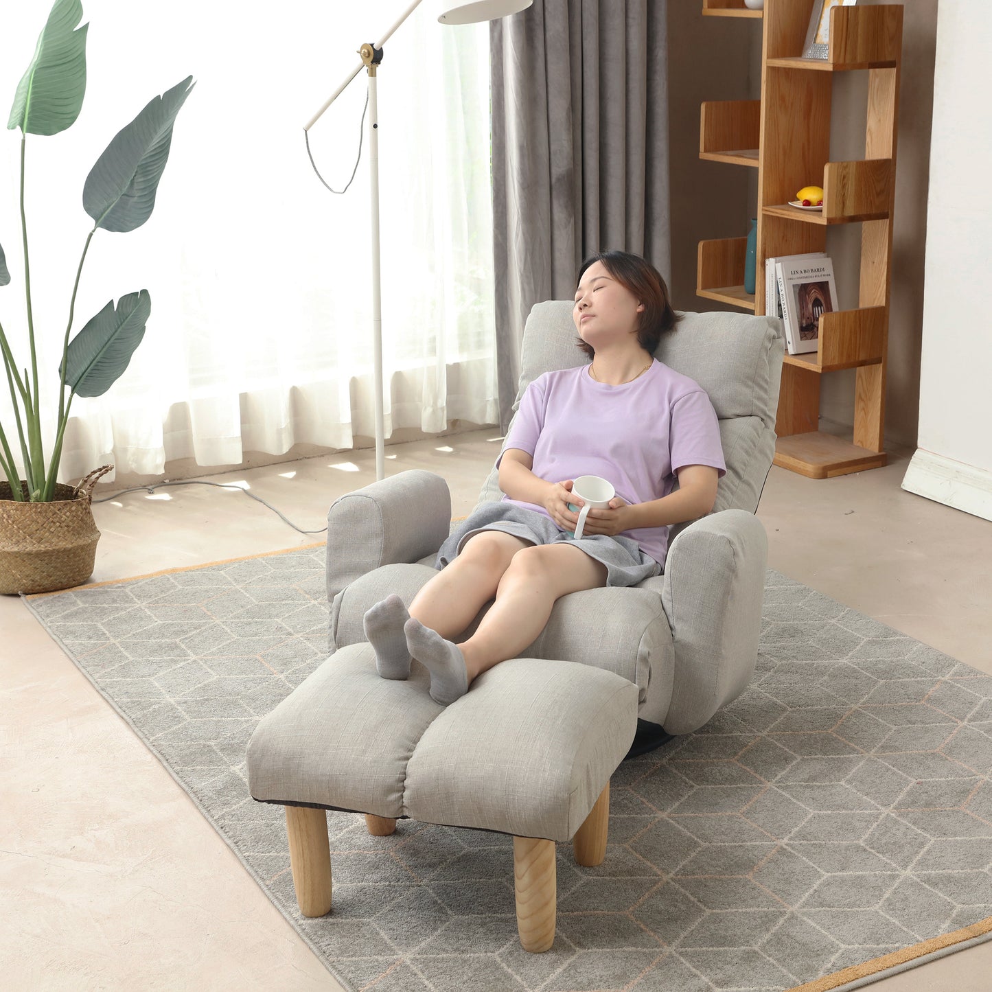 Swivel Indoor Recliner Floor Chair with Adjustable Headrest, Footstool, and Side Pockets- Gray_1