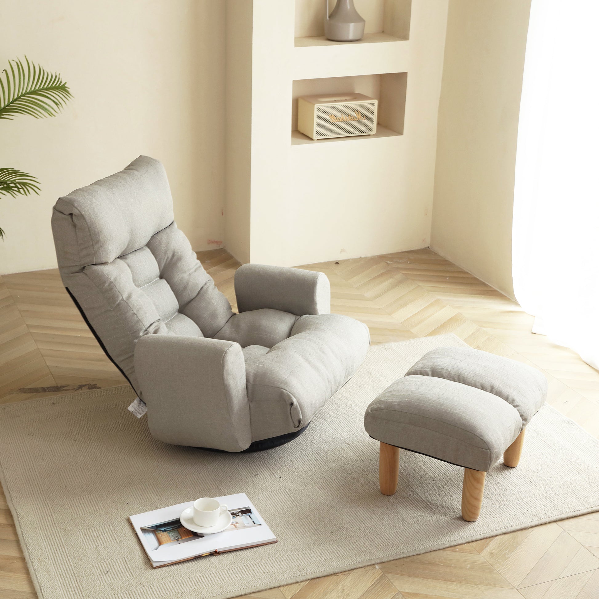 Swivel Indoor Recliner Floor Chair with Adjustable Headrest, Footstool, and Side Pockets- Gray_0