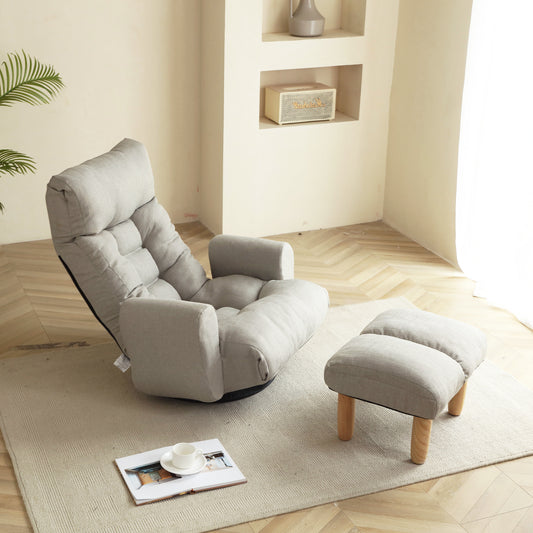 Swivel Indoor Recliner Floor Chair with Adjustable Headrest, Footstool, and Side Pockets- Gray_0