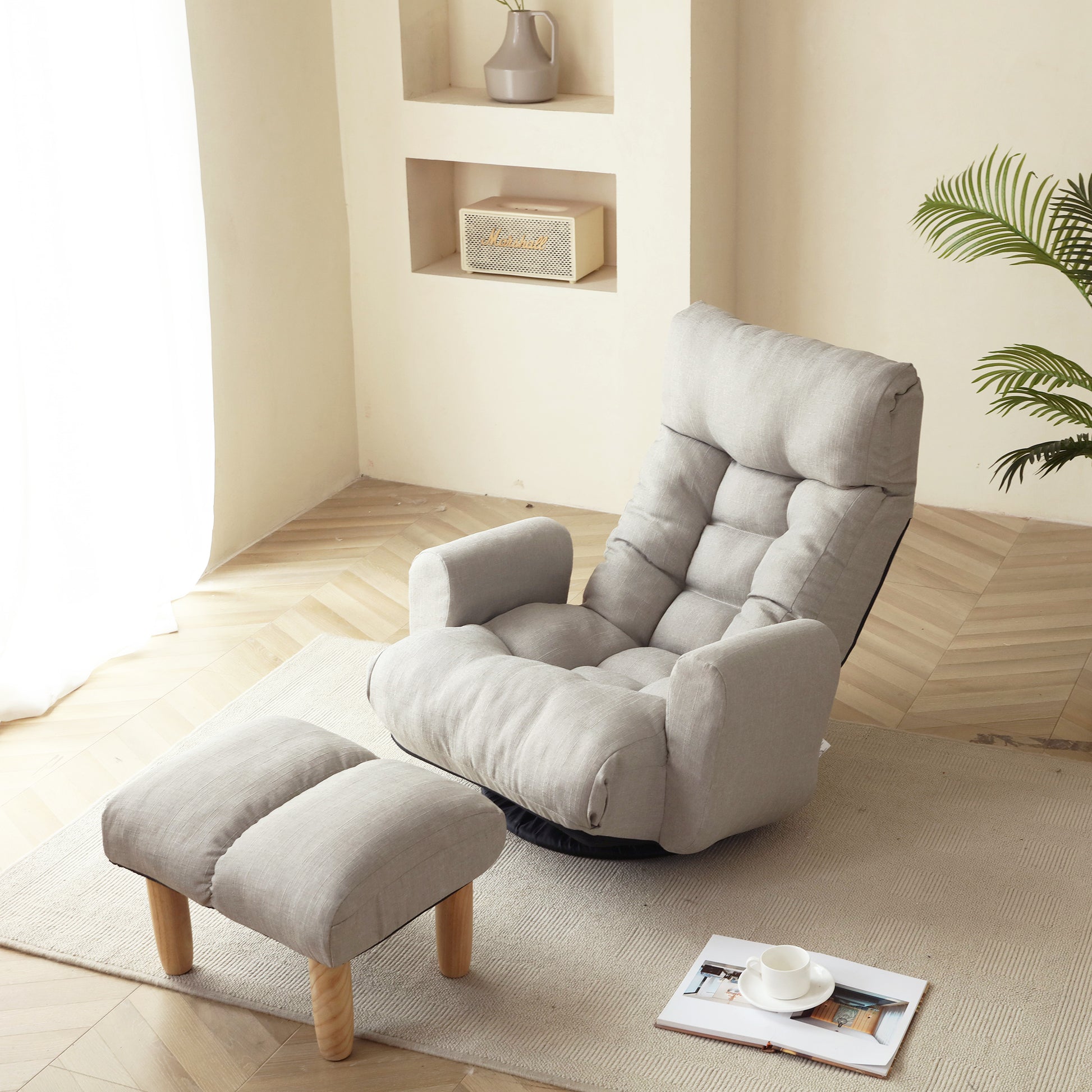 Swivel Indoor Recliner Floor Chair with Adjustable Headrest, Footstool, and Side Pockets- Gray_8