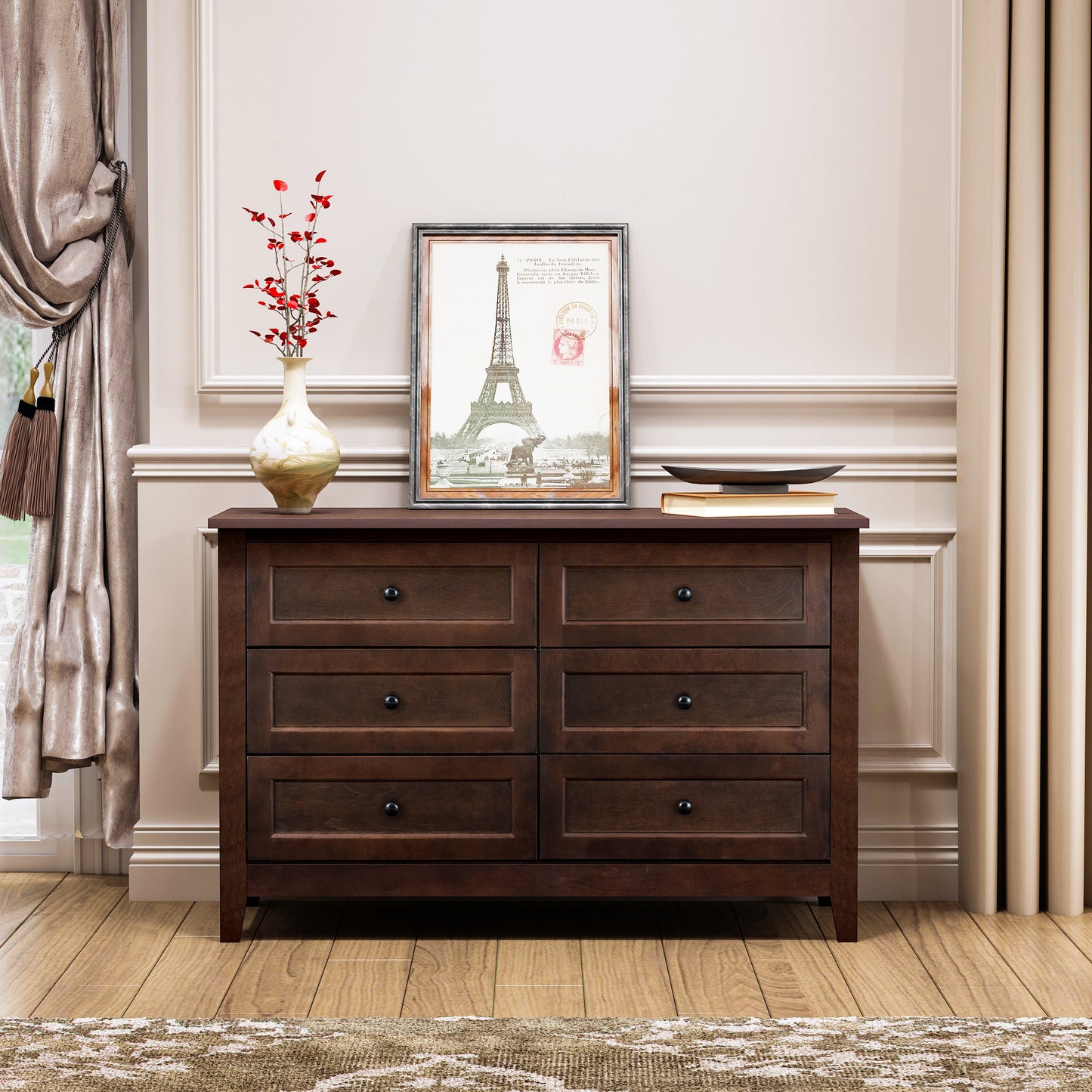 6 Drawers Wood Accent Stylish Dresser Chest and Storage Organizer in Auburn_2