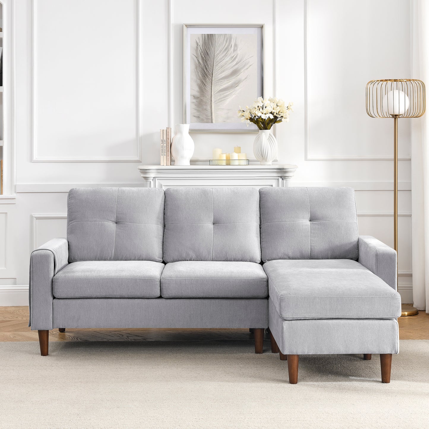 3 Seats L-shape Convertible Sectional Sofa with Removable Cushions and Pocket- Grey_2
