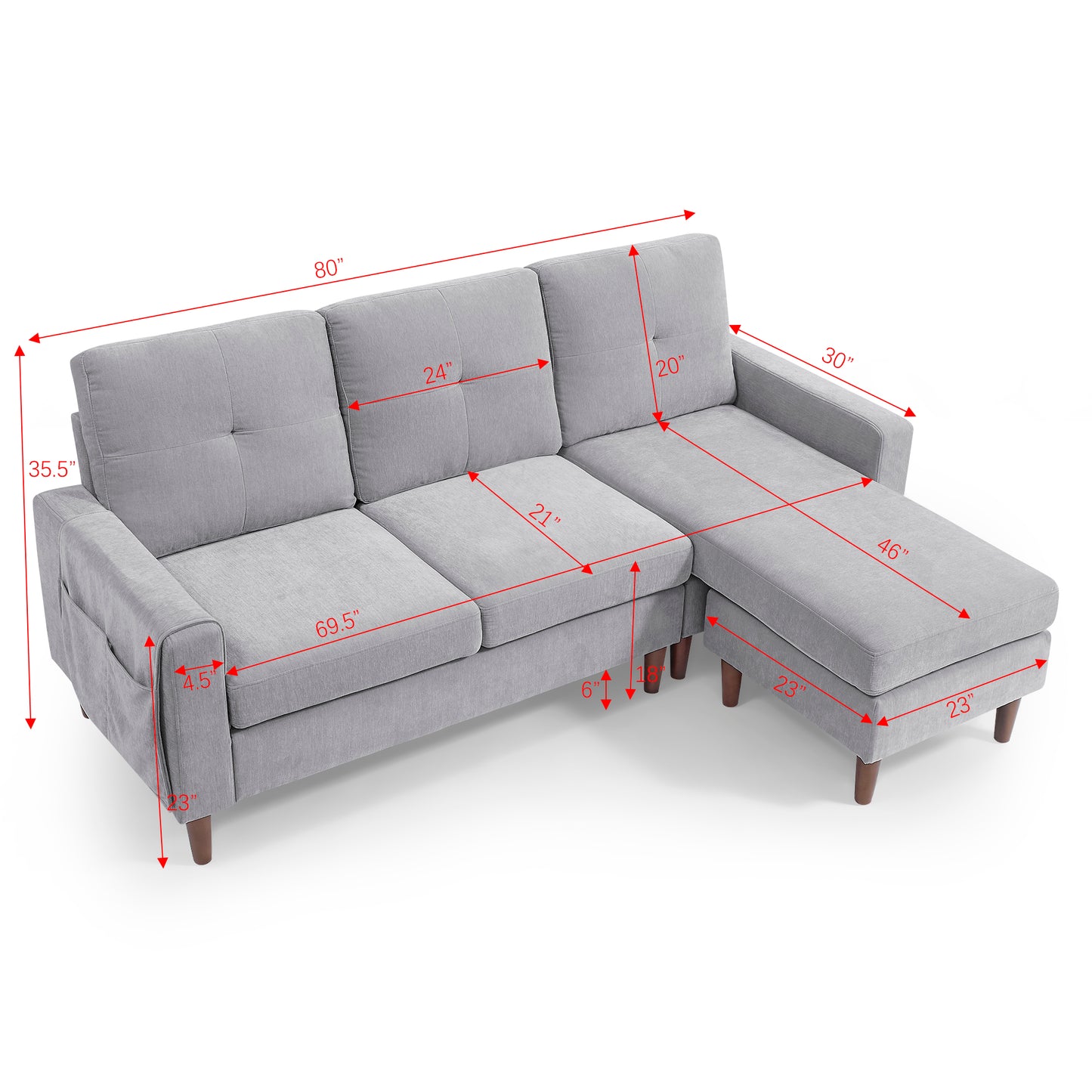 3 Seats L-shape Convertible Sectional Sofa with Removable Cushions and Pocket- Grey_17