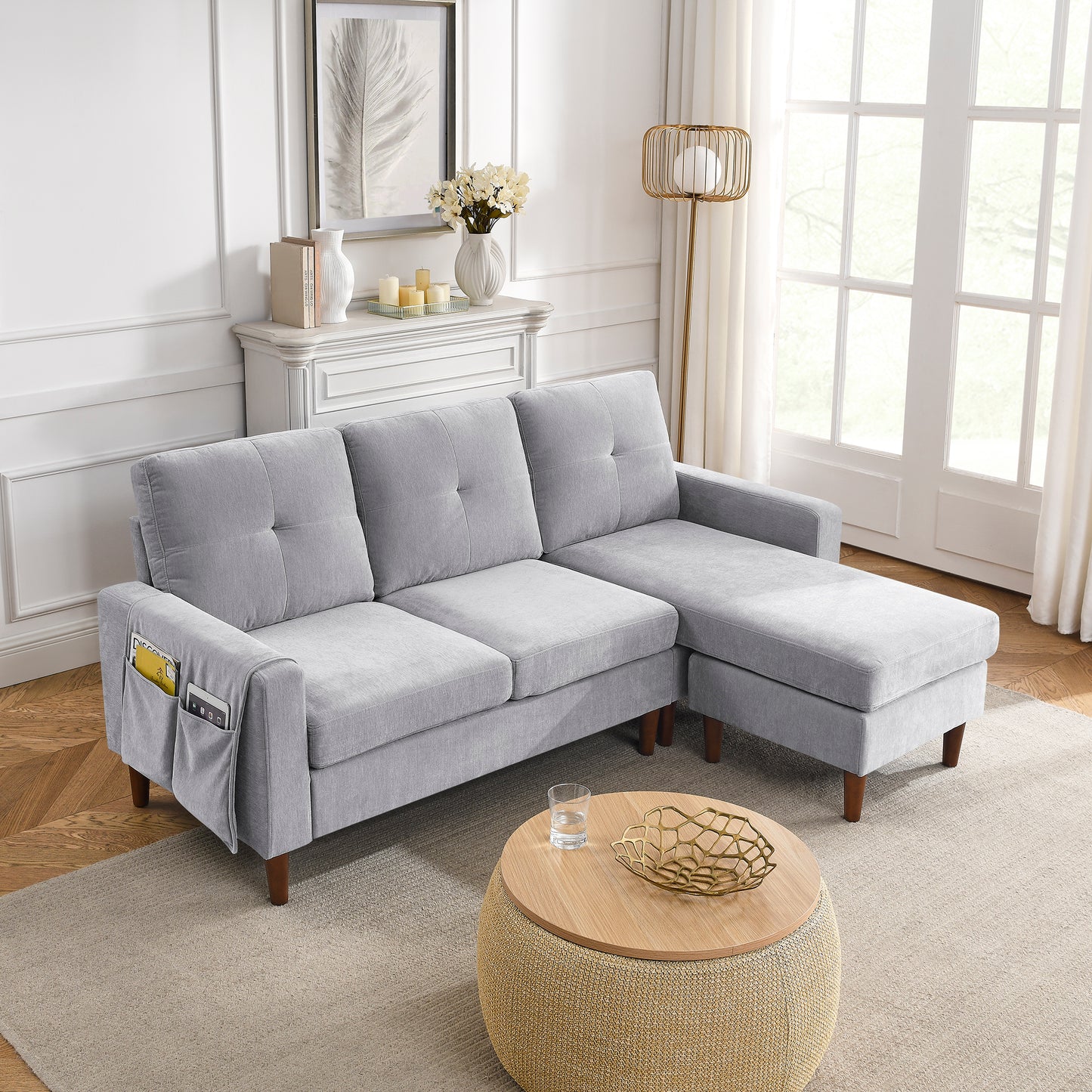 3 Seats L-shape Convertible Sectional Sofa with Removable Cushions and Pocket- Grey_3