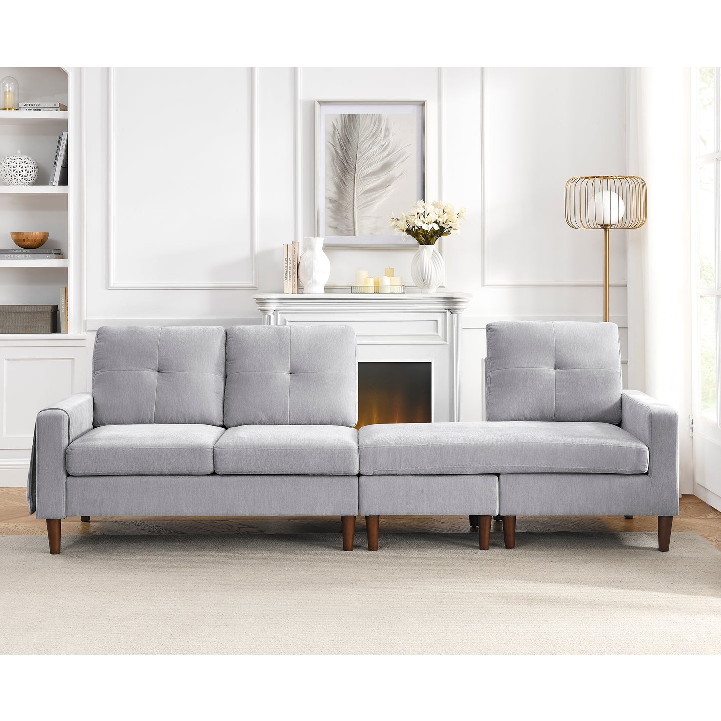 3 Seats L-shape Convertible Sectional Sofa with Removable Cushions and Pocket- Grey_5