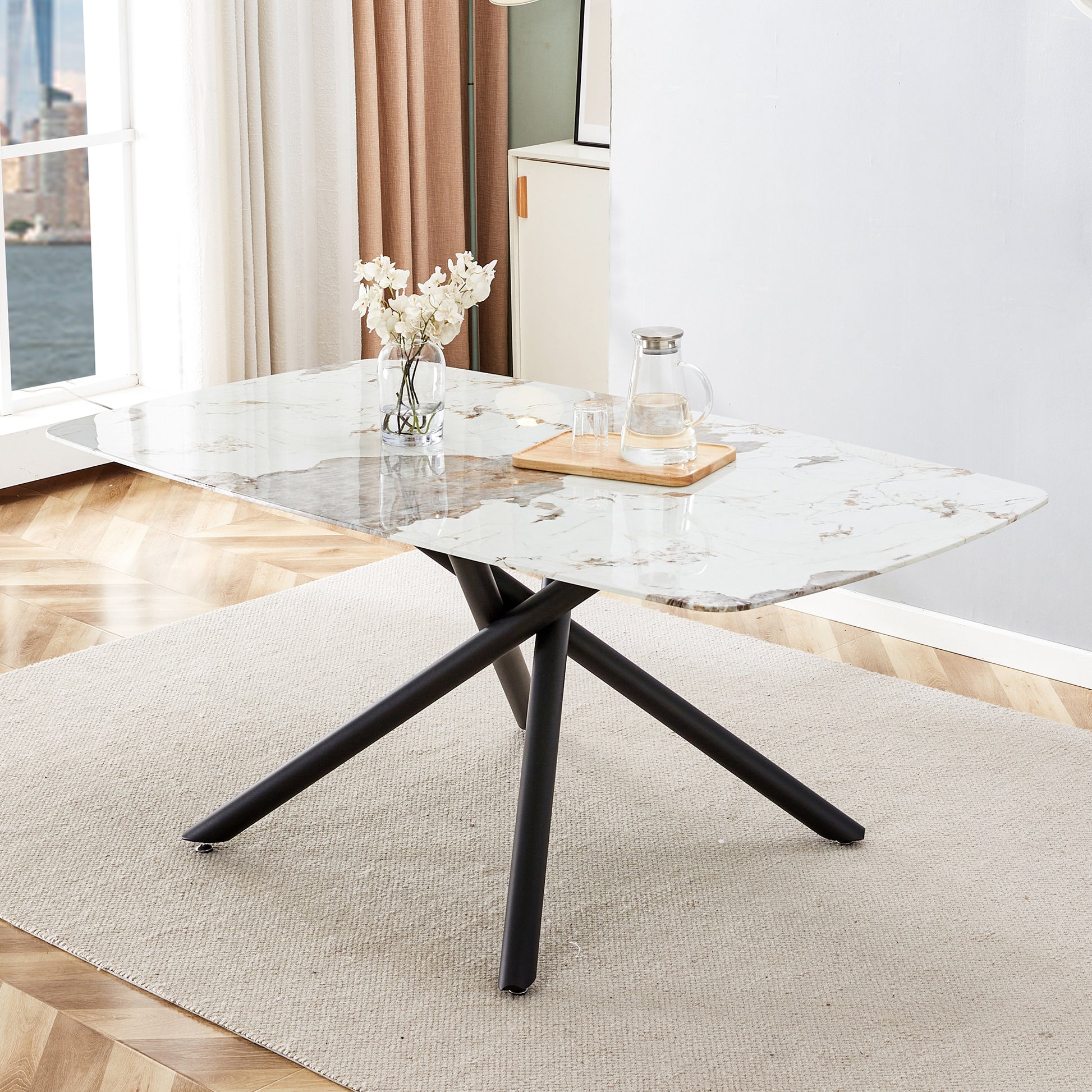 6-8 Seater Modern Kitchen Dining Table Rectangular Marble Glass Table Top with Metal Legs_1