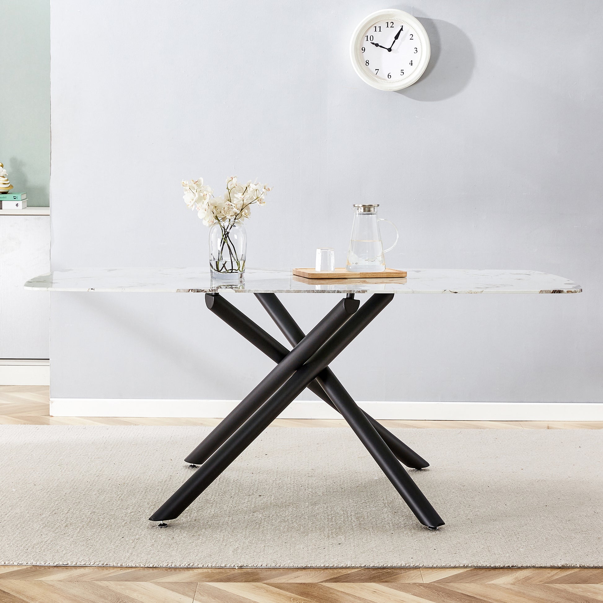 6-8 Seater Modern Kitchen Dining Table Rectangular Marble Glass Table Top with Metal Legs_3