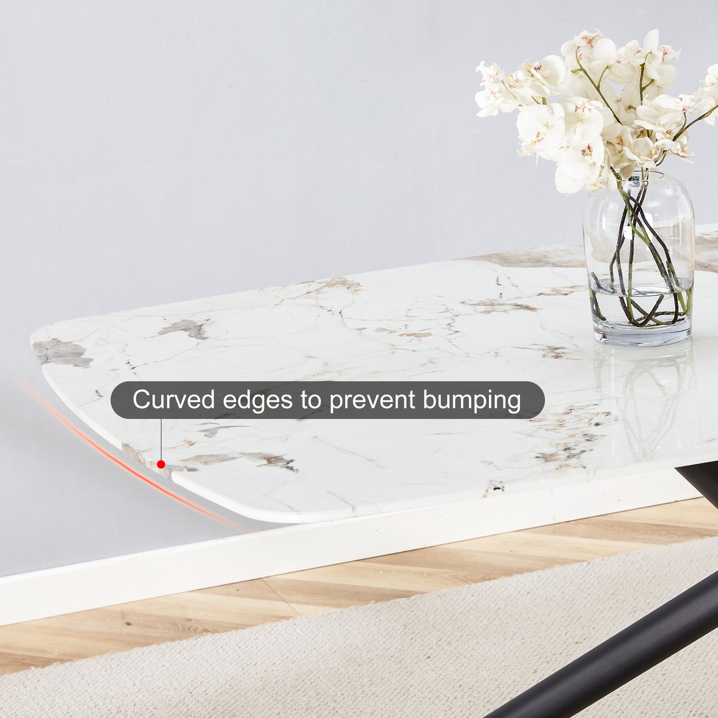 6-8 Seater Modern Kitchen Dining Table Rectangular Marble Glass Table Top with Metal Legs_23
