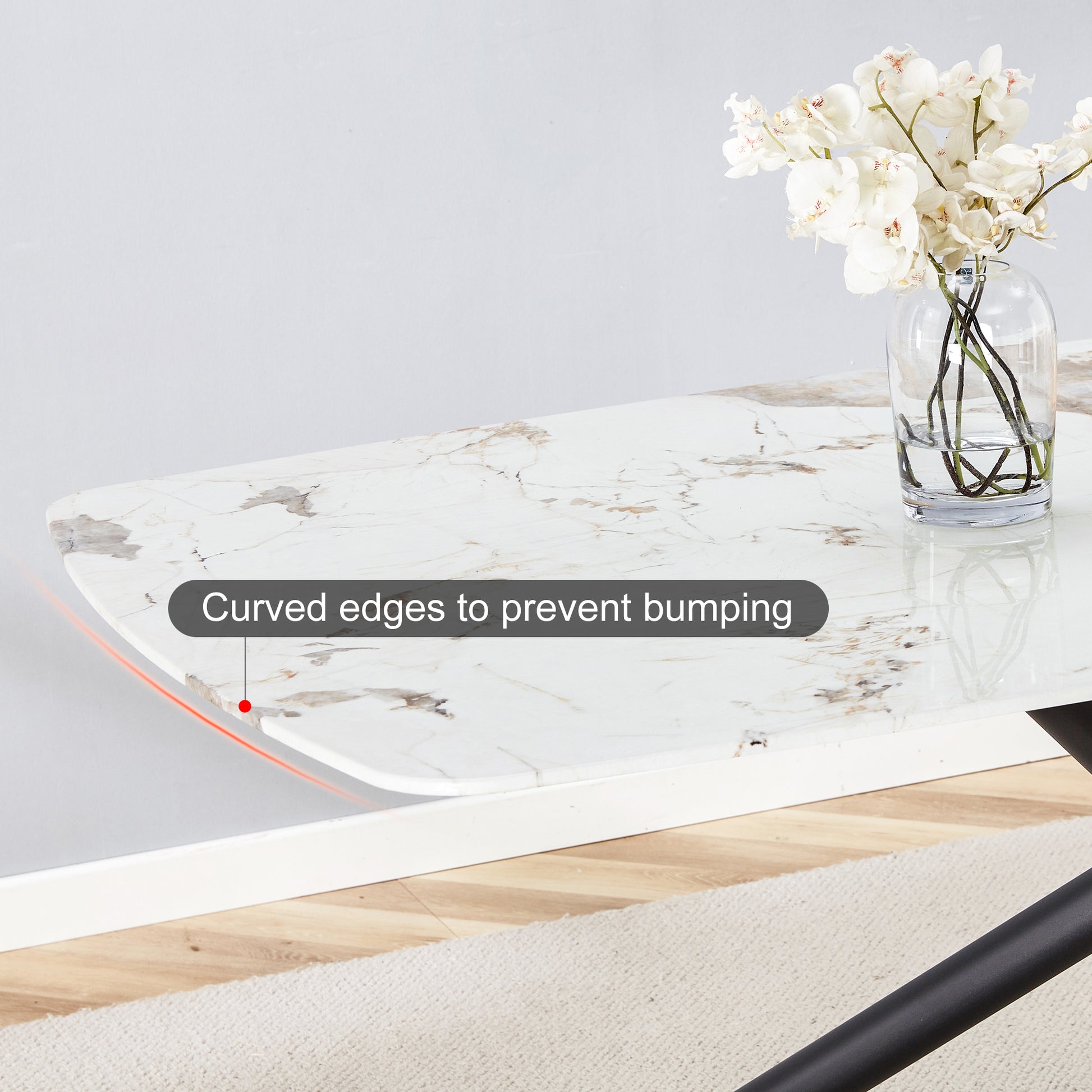 6-8 Seater Modern Kitchen Dining Table Rectangular Marble Glass Table Top with Metal Legs_23