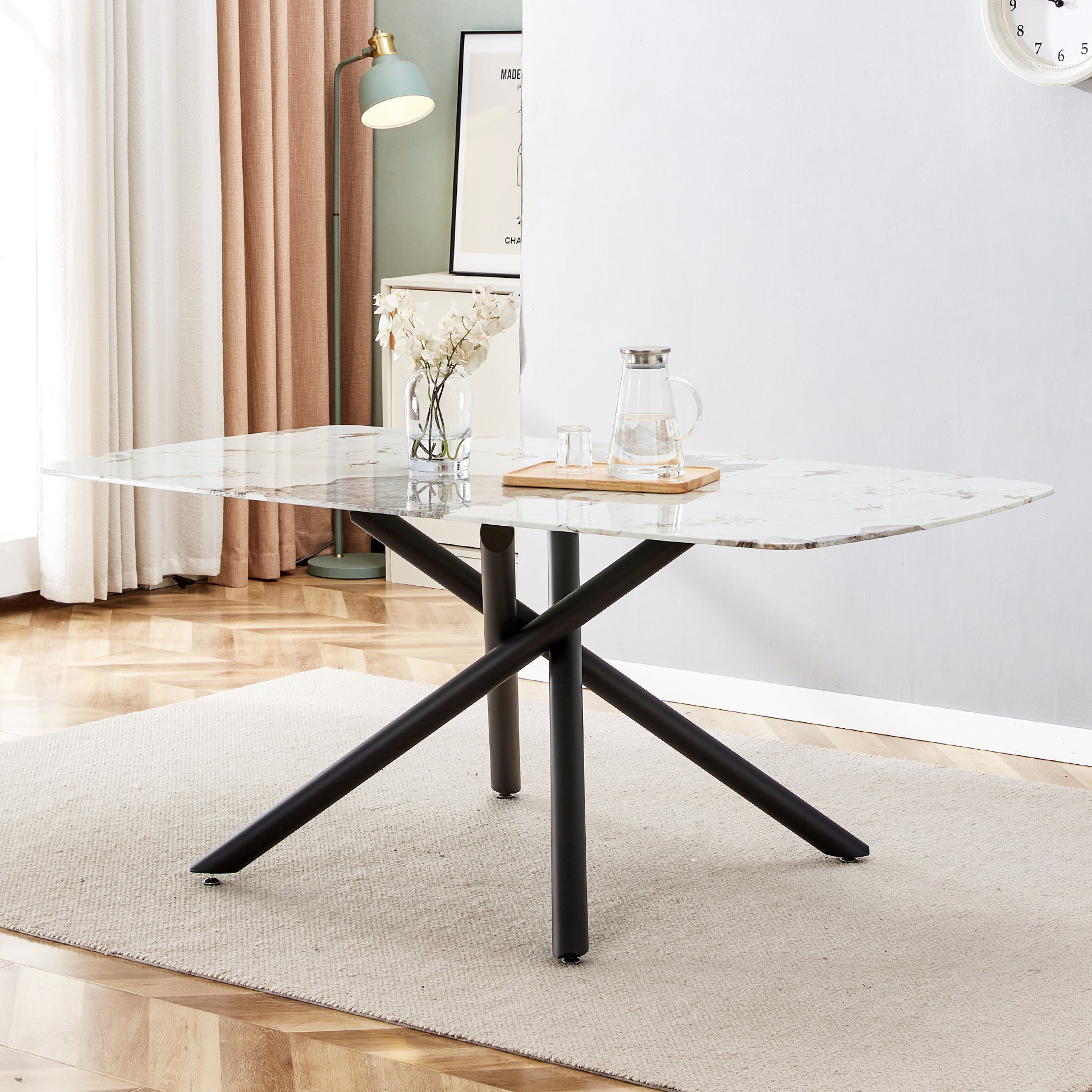 6-8 Seater Modern Kitchen Dining Table Rectangular Marble Glass Table Top with Metal Legs_2