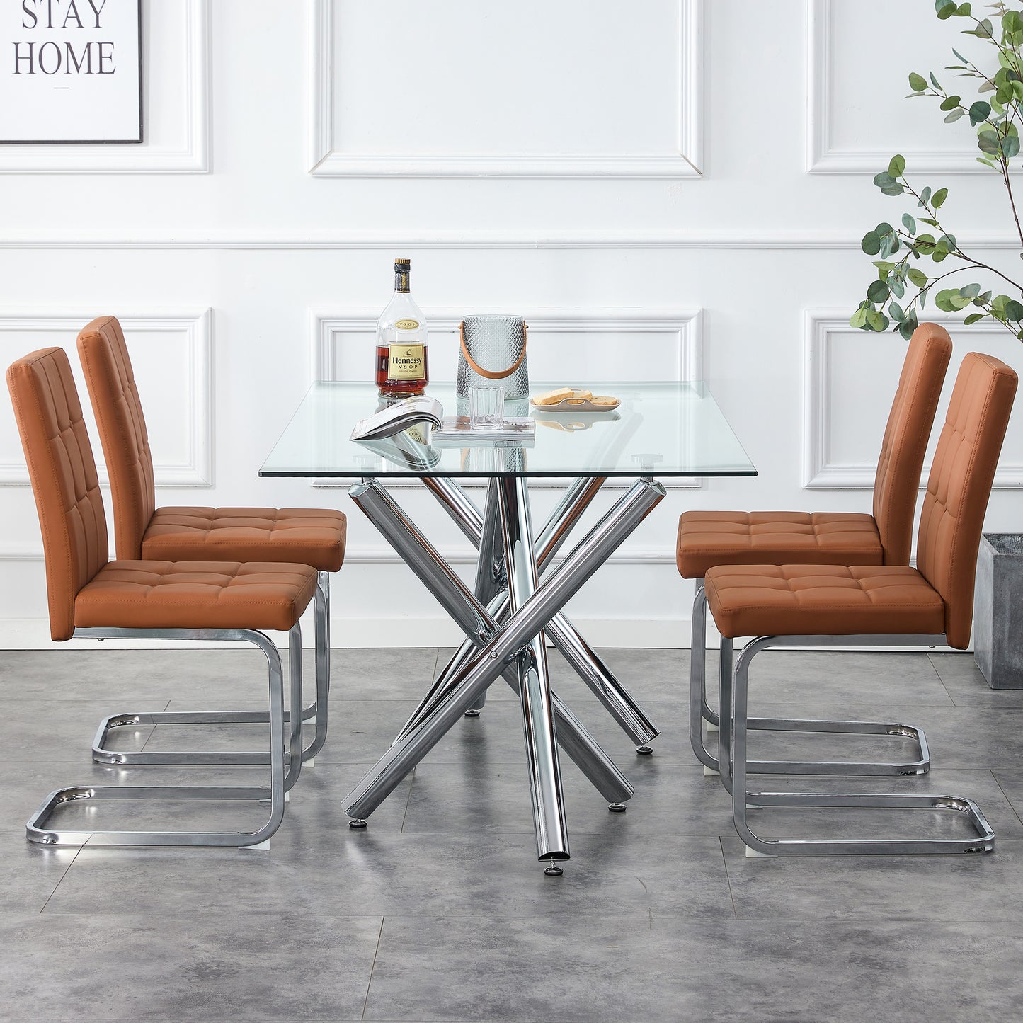 6-8 Seater Modern Kitchen Dining Table Rectangular Glass Table Top with Silver Metal Legs_9