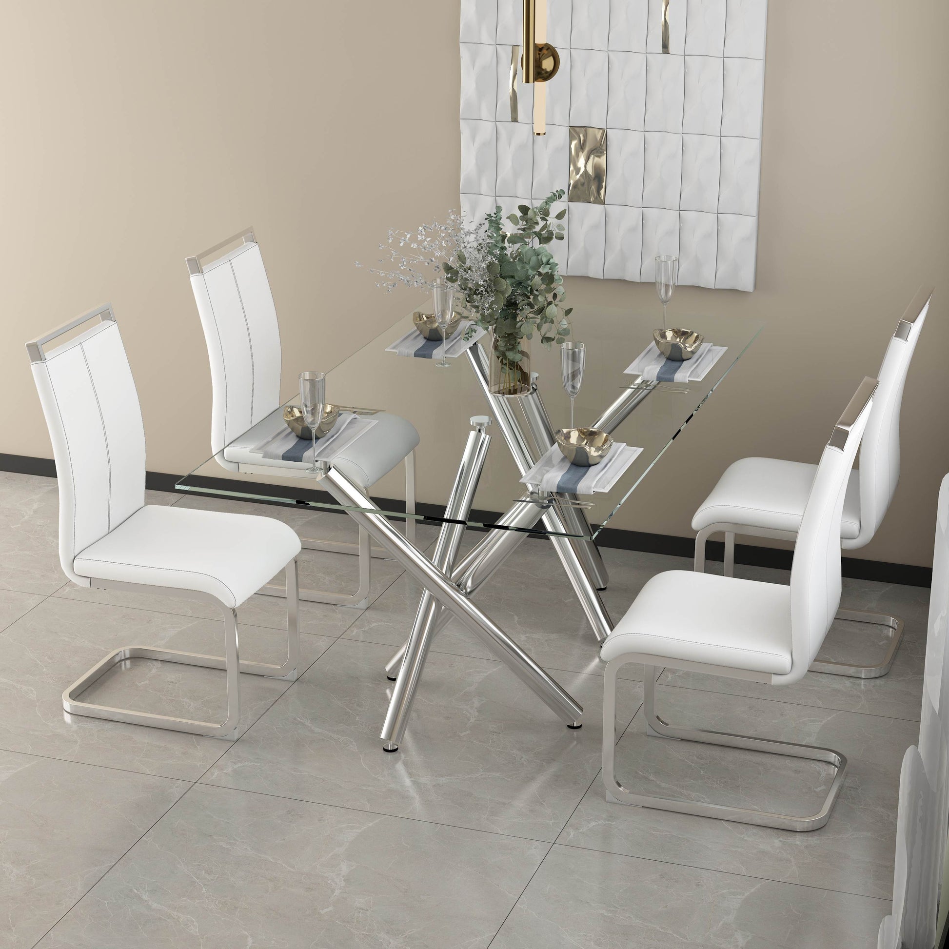 6-8 Seater Modern Kitchen Dining Table Rectangular Glass Table Top with Silver Metal Legs_3