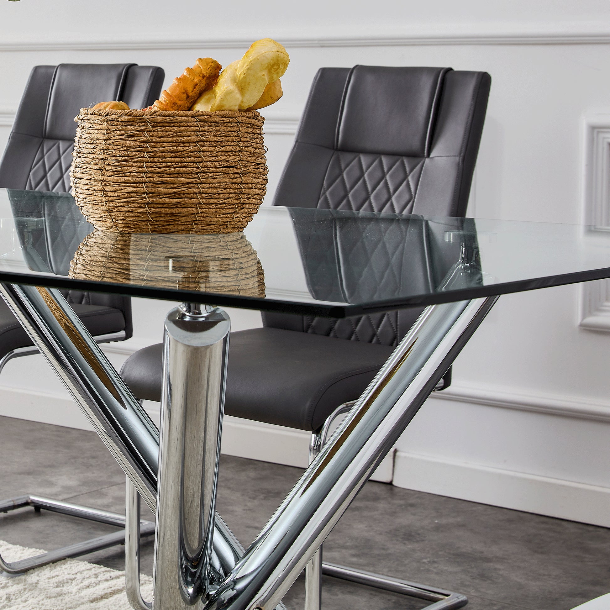 6-8 Seater Modern Kitchen Dining Table Rectangular Glass Table Top with Silver Metal Legs_17