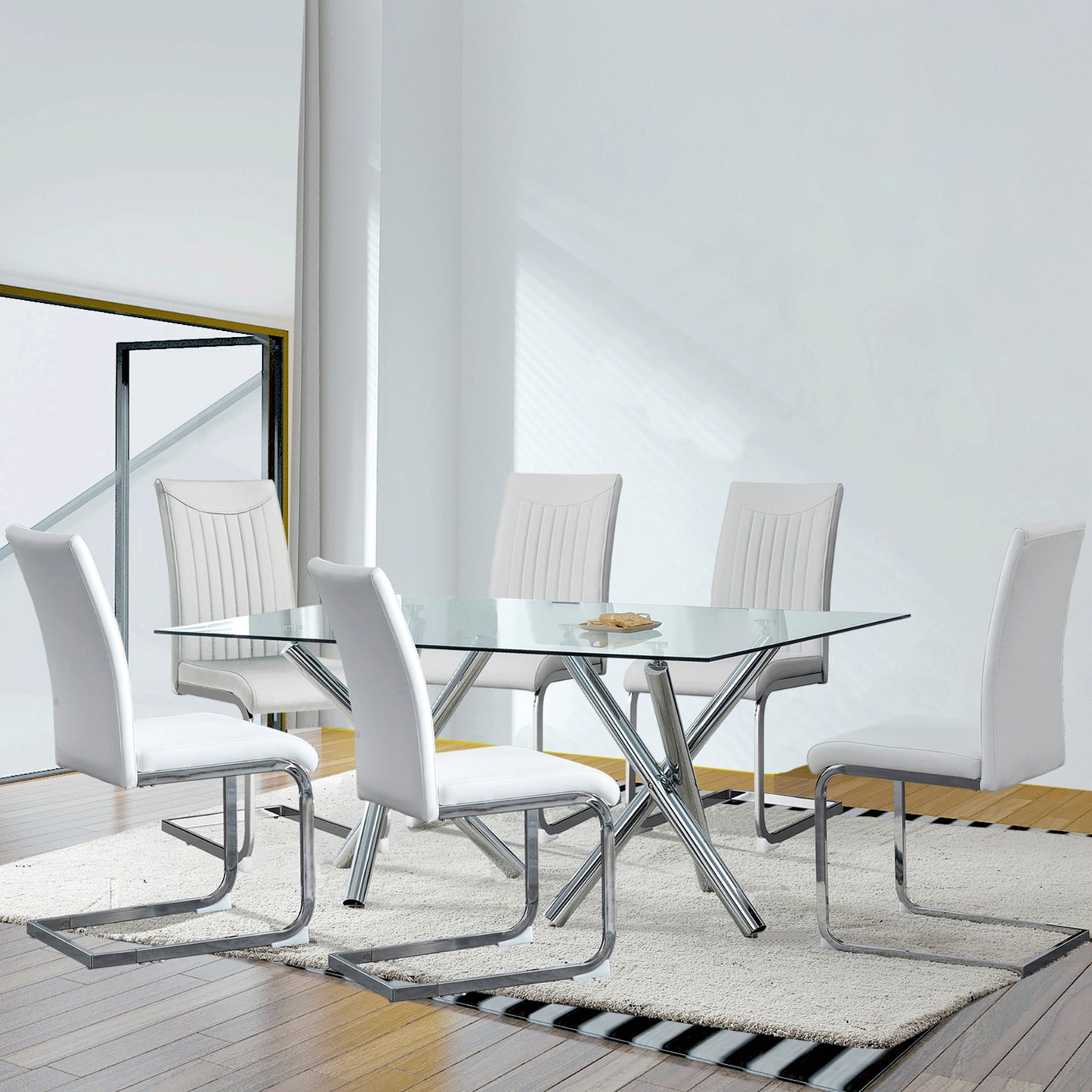 6-8 Seater Modern Kitchen Dining Table Rectangular Glass Table Top with Silver Metal Legs_8