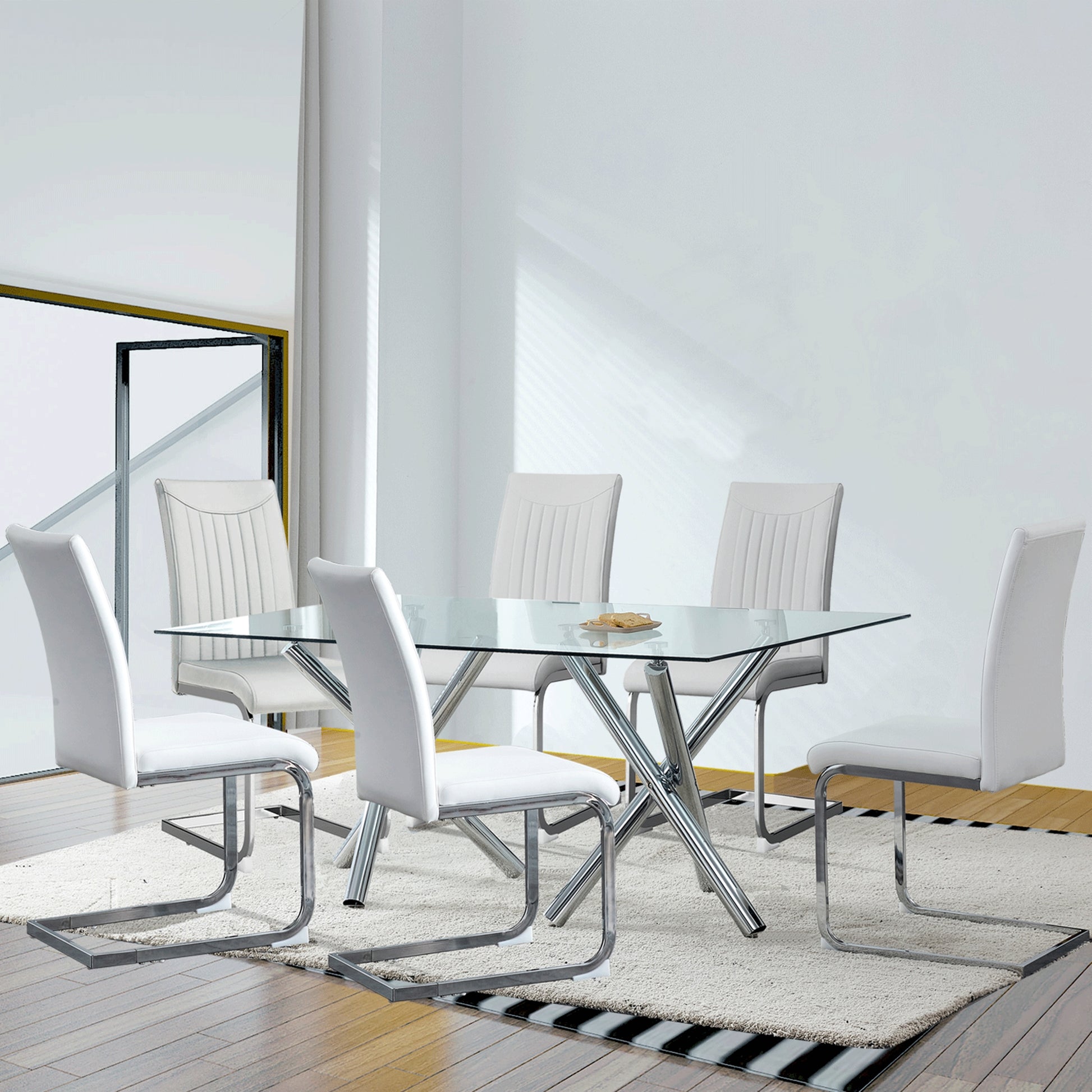 6-8 Seater Modern Kitchen Dining Table Rectangular Glass Table Top with Silver Metal Legs_8