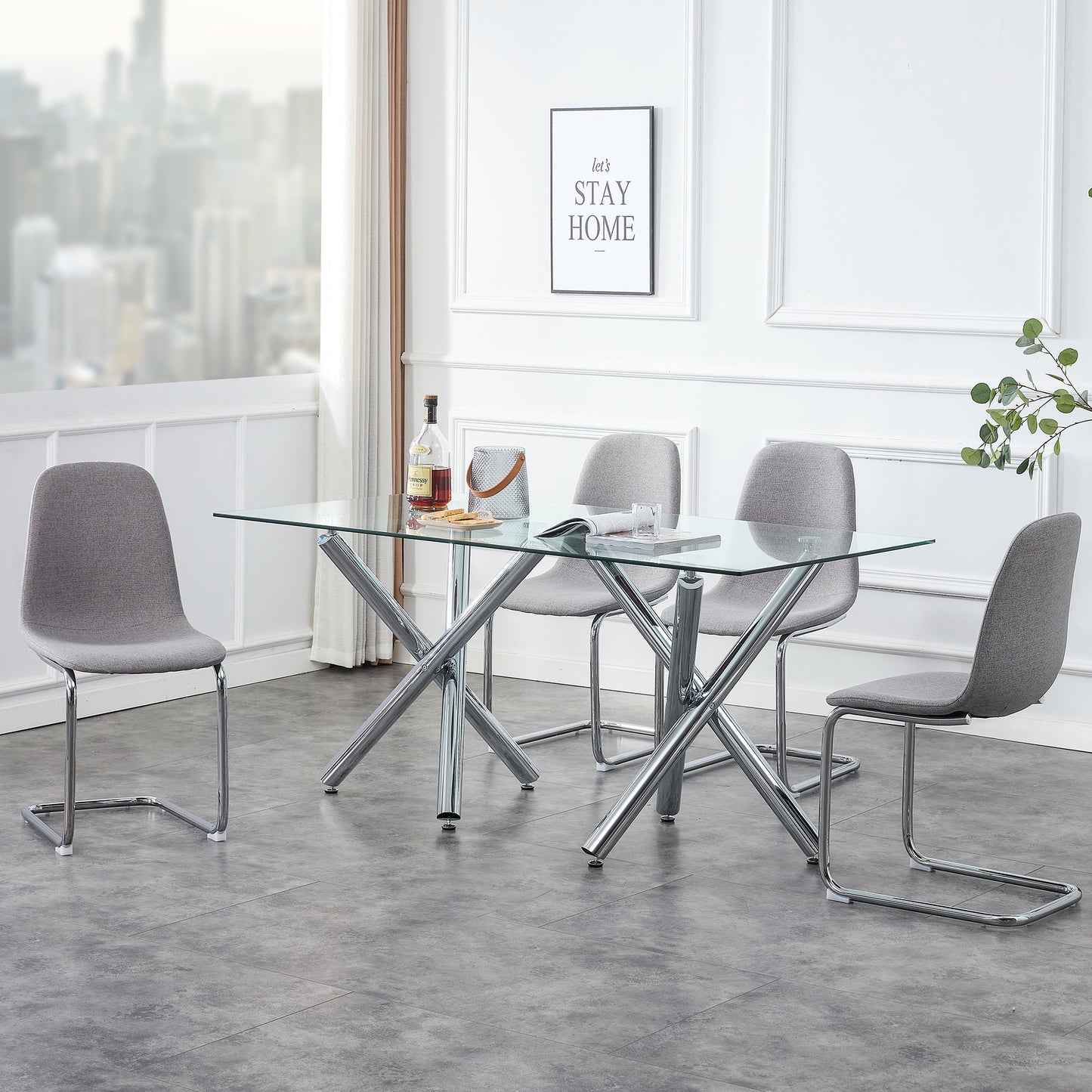 6-8 Seater Modern Kitchen Dining Table Rectangular Glass Table Top with Silver Metal Legs_12