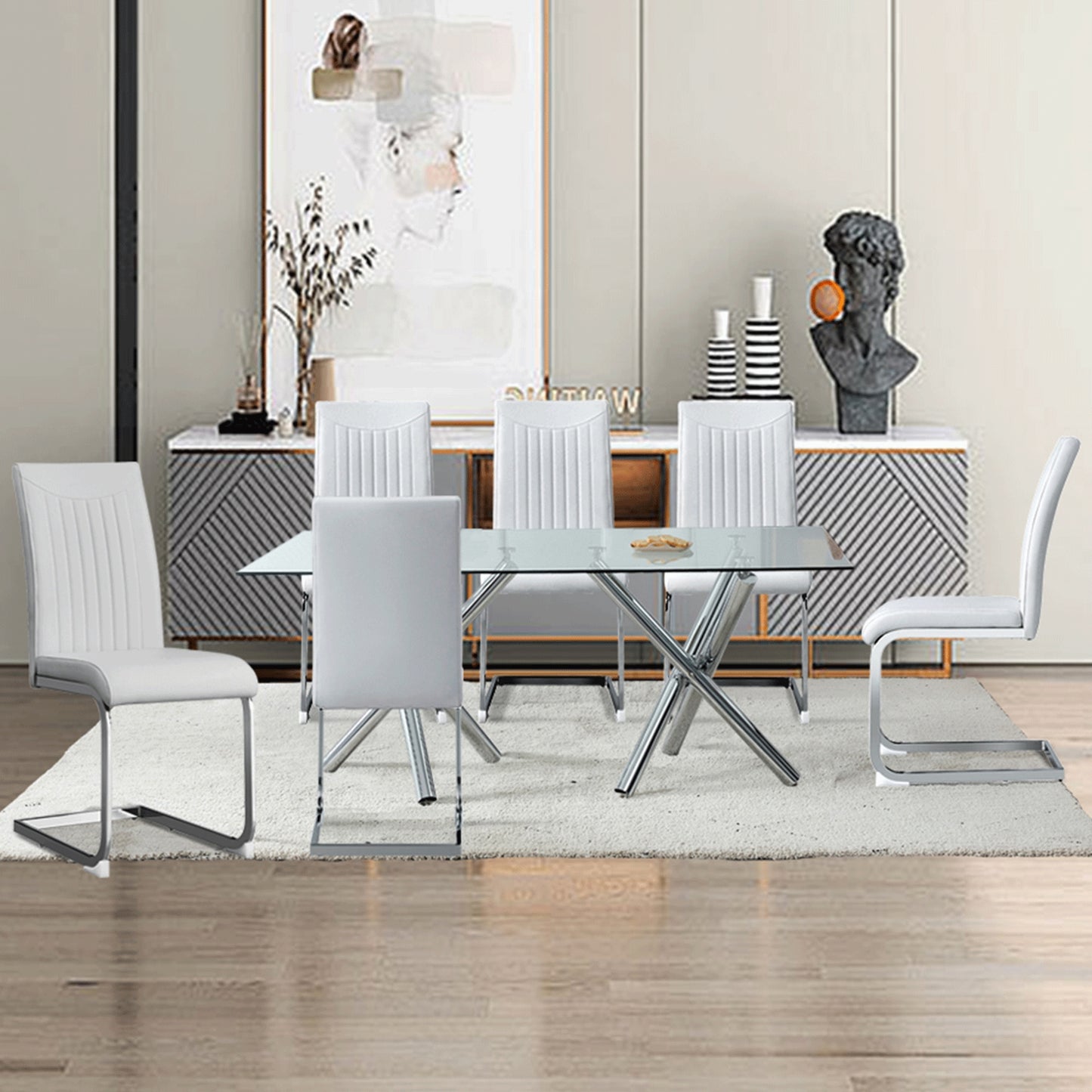 6-8 Seater Modern Kitchen Dining Table Rectangular Glass Table Top with Silver Metal Legs_7
