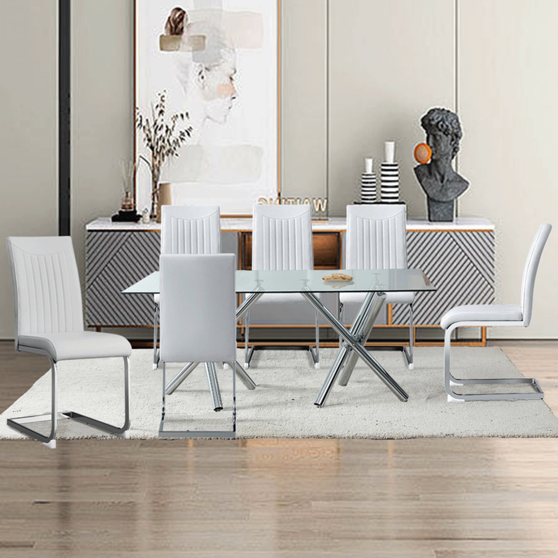 6-8 Seater Modern Kitchen Dining Table Rectangular Glass Table Top with Silver Metal Legs_7
