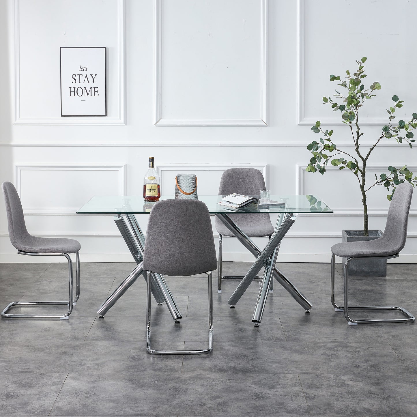 6-8 Seater Modern Kitchen Dining Table Rectangular Glass Table Top with Silver Metal Legs_11