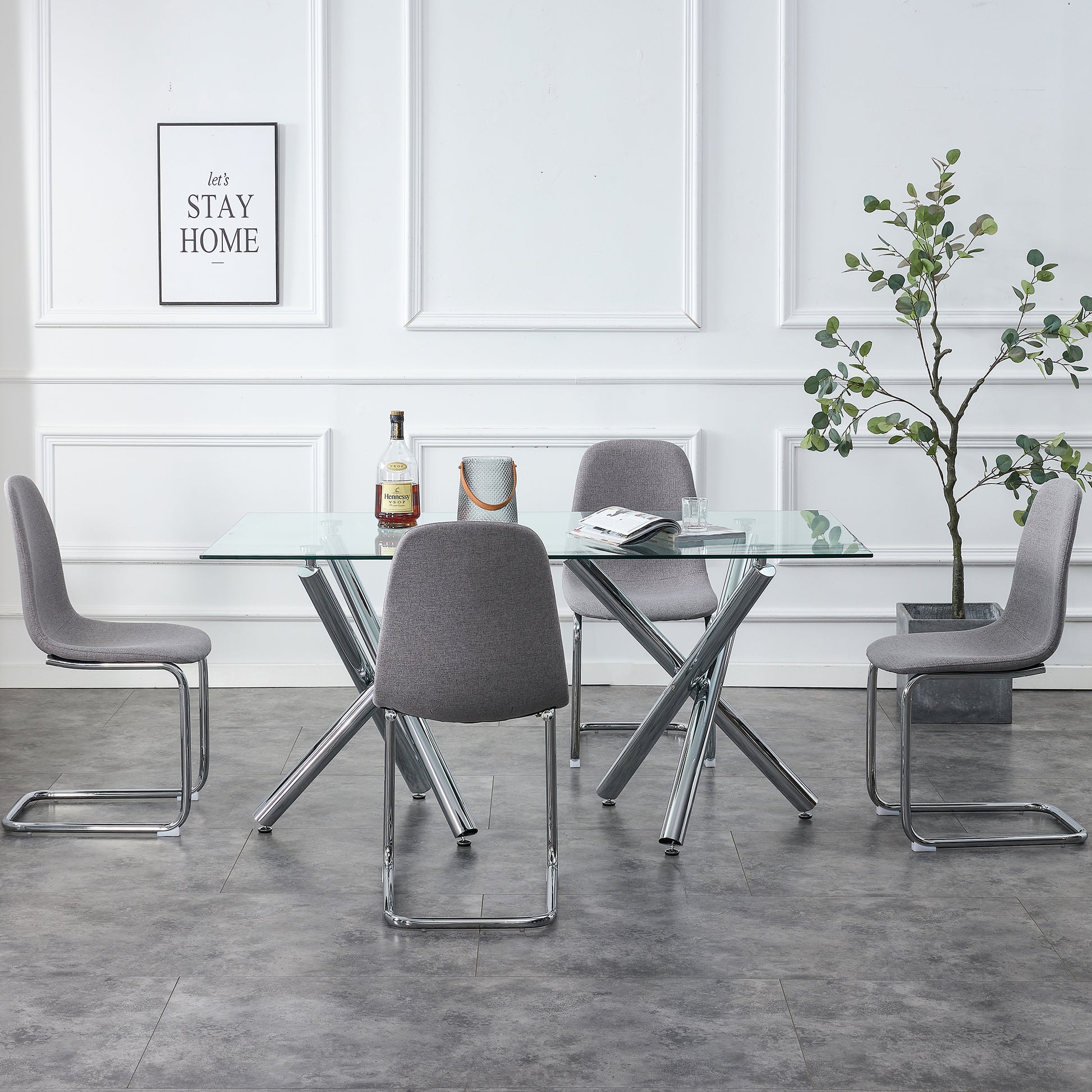 6-8 Seater Modern Kitchen Dining Table Rectangular Glass Table Top with Silver Metal Legs_11