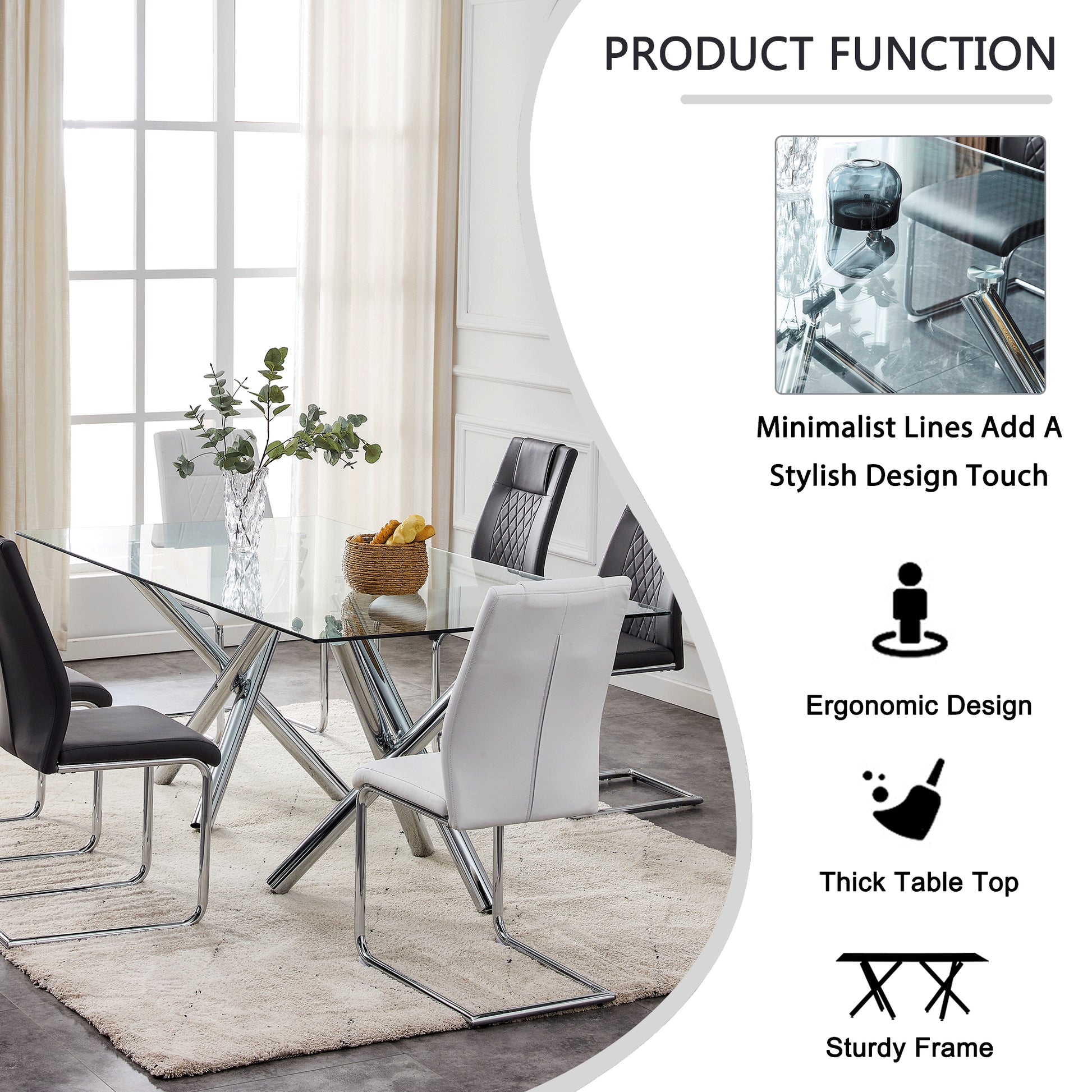 6-8 Seater Modern Kitchen Dining Table Rectangular Glass Table Top with Silver Metal Legs_14