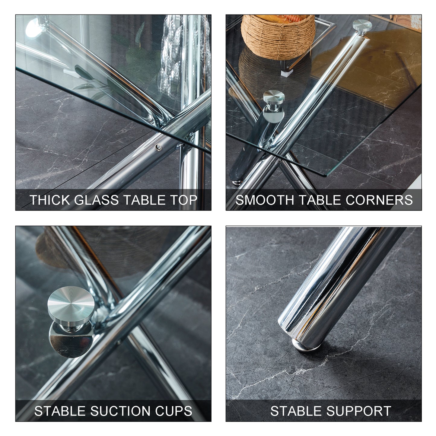 6-8 Seater Modern Kitchen Dining Table Rectangular Glass Table Top with Silver Metal Legs_13