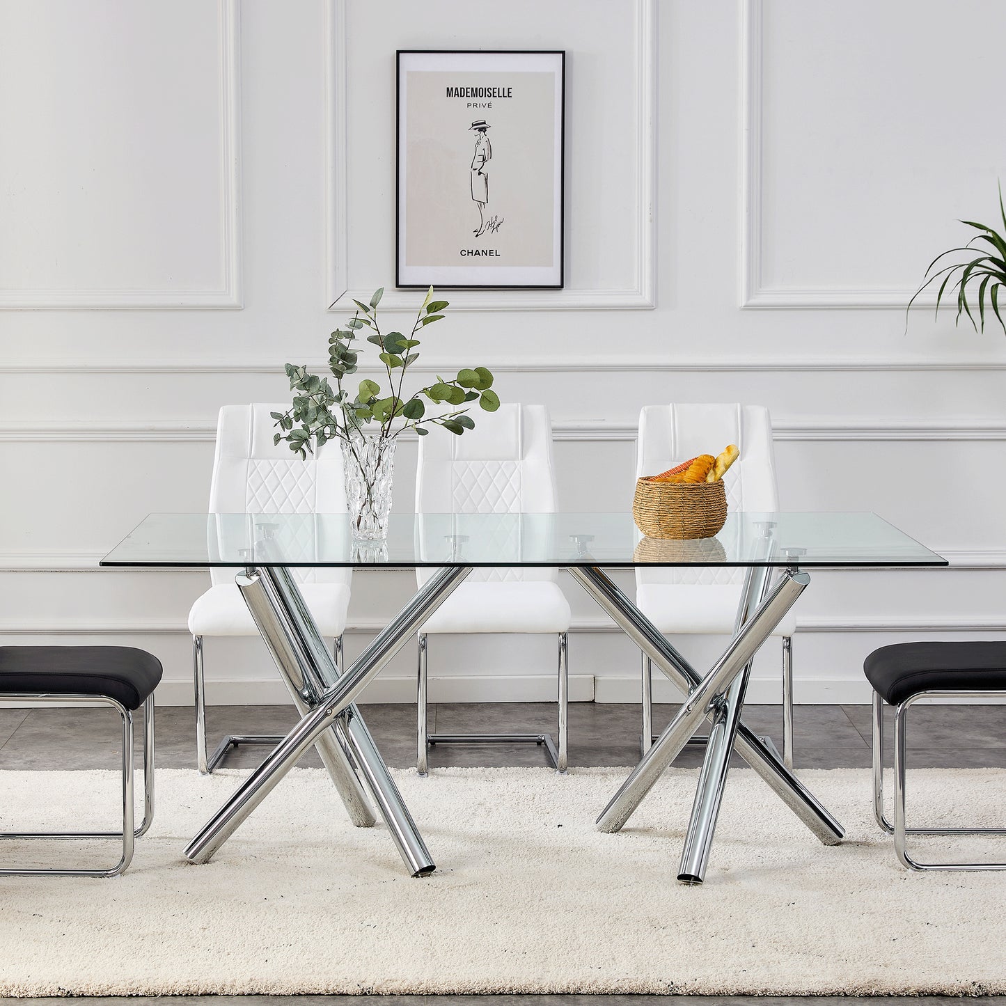6-8 Seater Modern Kitchen Dining Table Rectangular Glass Table Top with Silver Metal Legs_23