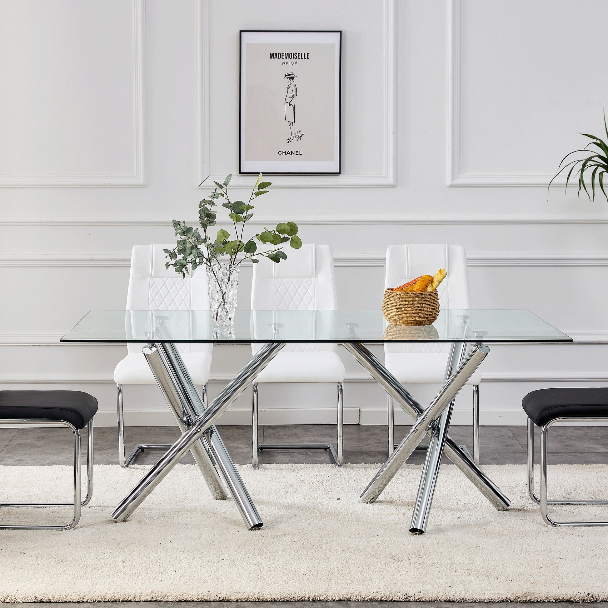 6-8 Seater Modern Kitchen Dining Table Rectangular Glass Table Top with Silver Metal Legs_23