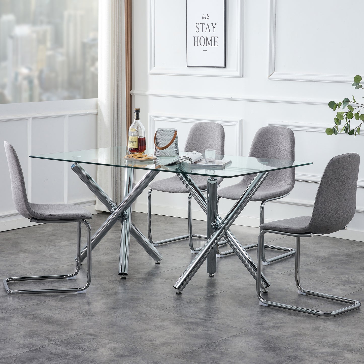 6-8 Seater Modern Kitchen Dining Table Rectangular Glass Table Top with Silver Metal Legs_10