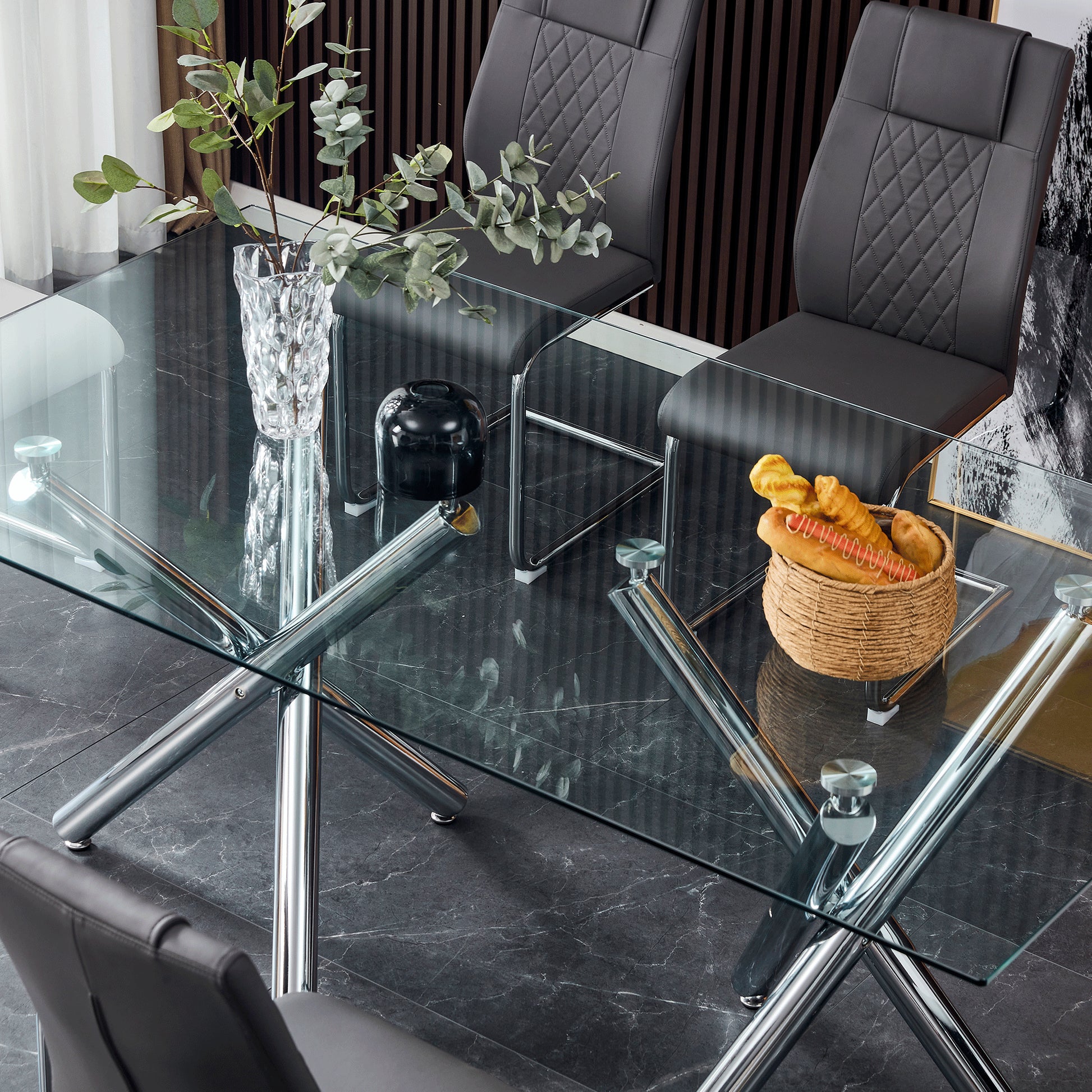 6-8 Seater Modern Kitchen Dining Table Rectangular Glass Table Top with Silver Metal Legs_19
