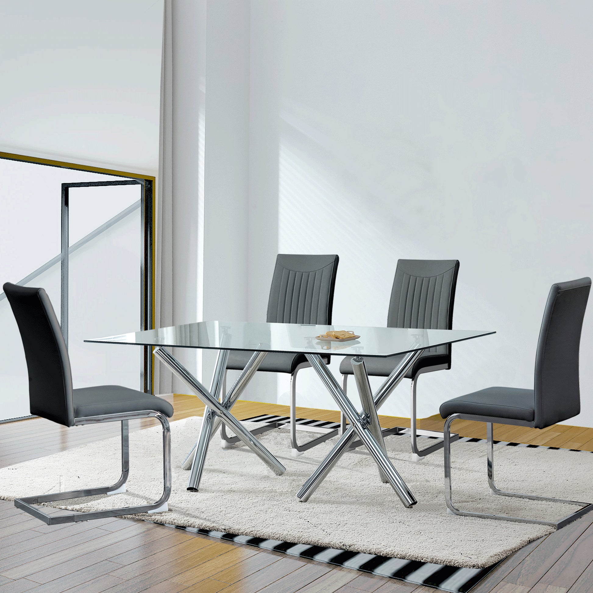 6-8 Seater Modern Kitchen Dining Table Rectangular Glass Table Top with Silver Metal Legs_4