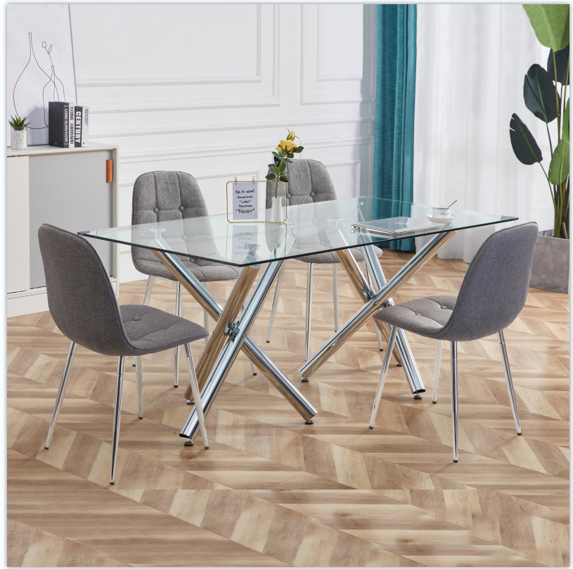 6-8 Seater Modern Kitchen Dining Table Rectangular Glass Table Top with Silver Metal Legs_2