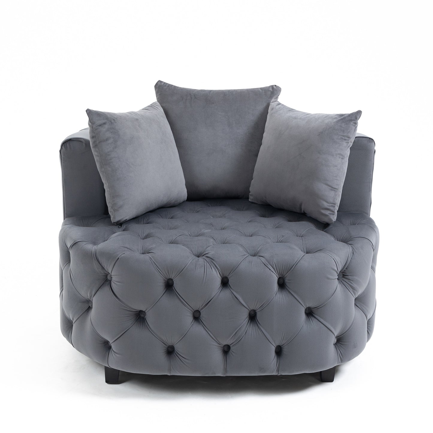 Tufted Upholstered Classical Living Room Barrel Accent Chair with Pillows- Grey_2
