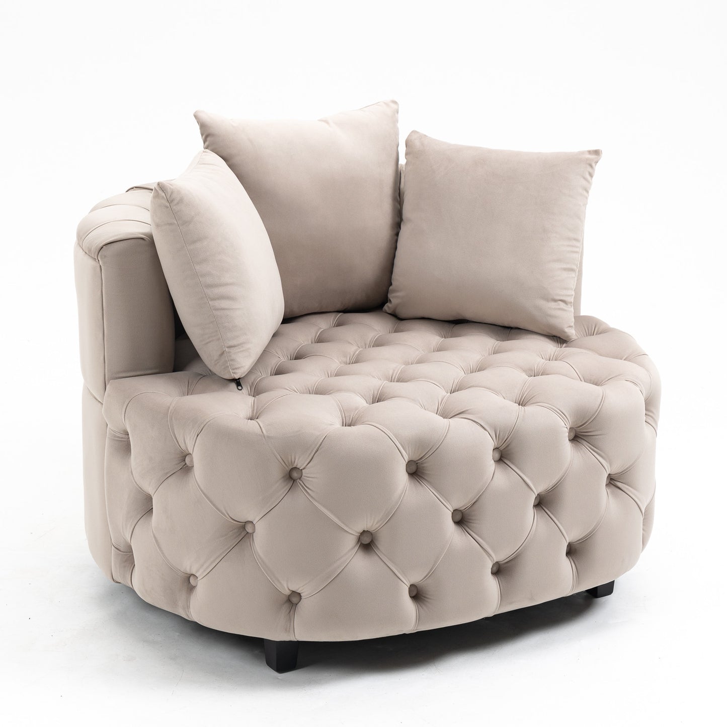 Tufted Upholstered Classical Living Room Barrel Accent Chair with Pillows- Khaki_3