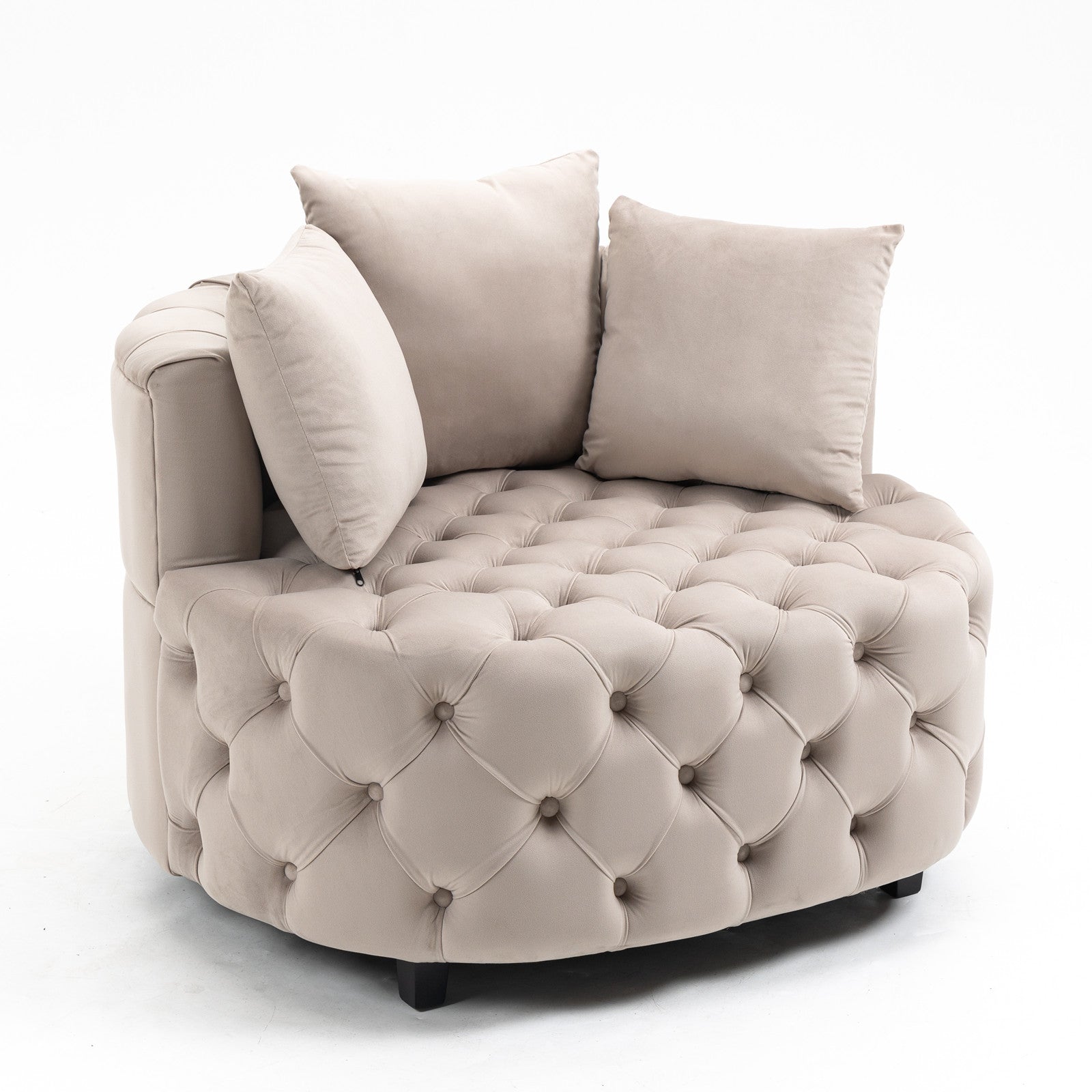 Tufted Upholstered Classical Living Room Barrel Accent Chair with Pillows- Khaki_3