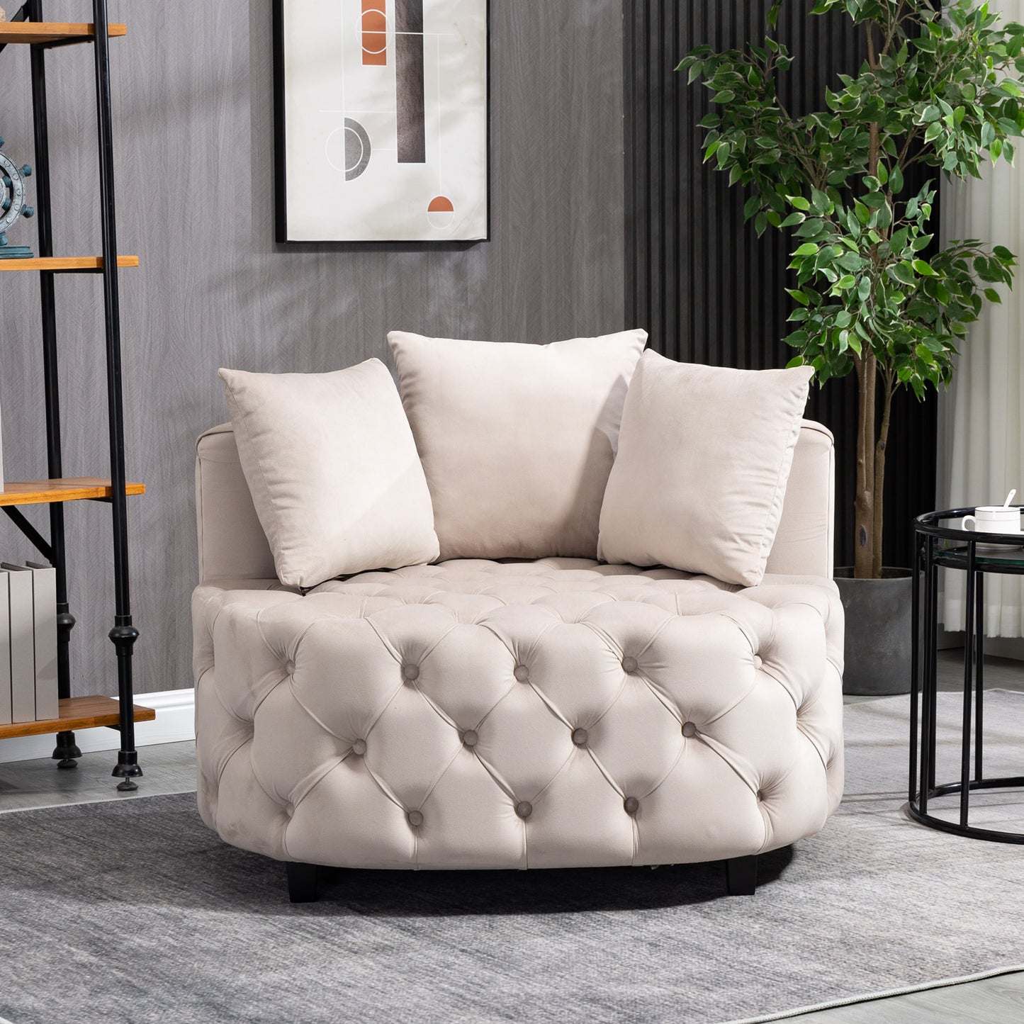 Tufted Upholstered Classical Living Room Barrel Accent Chair with Pillows- Khaki_0