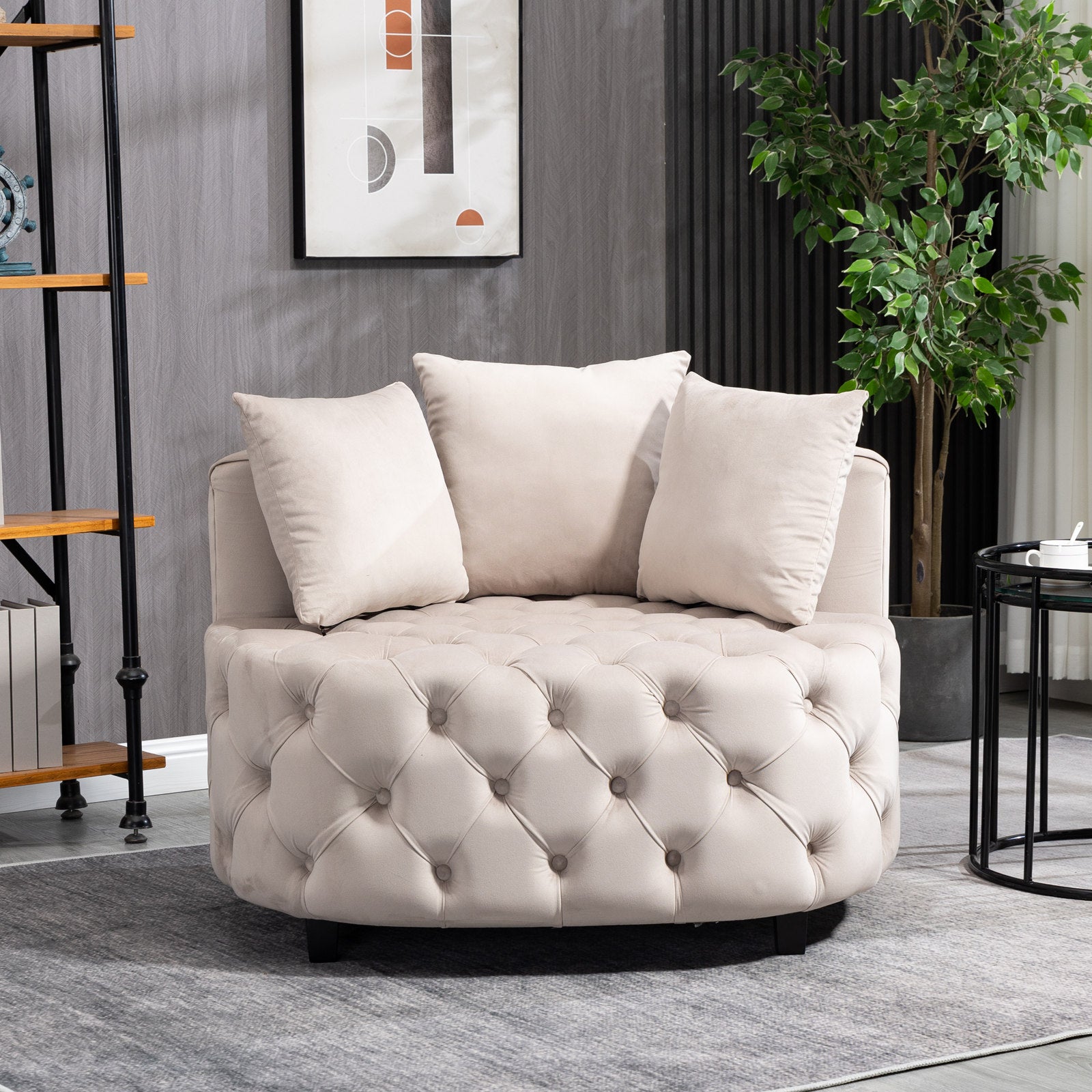 Tufted Upholstered Classical Living Room Barrel Accent Chair with Pillows- Khaki_0