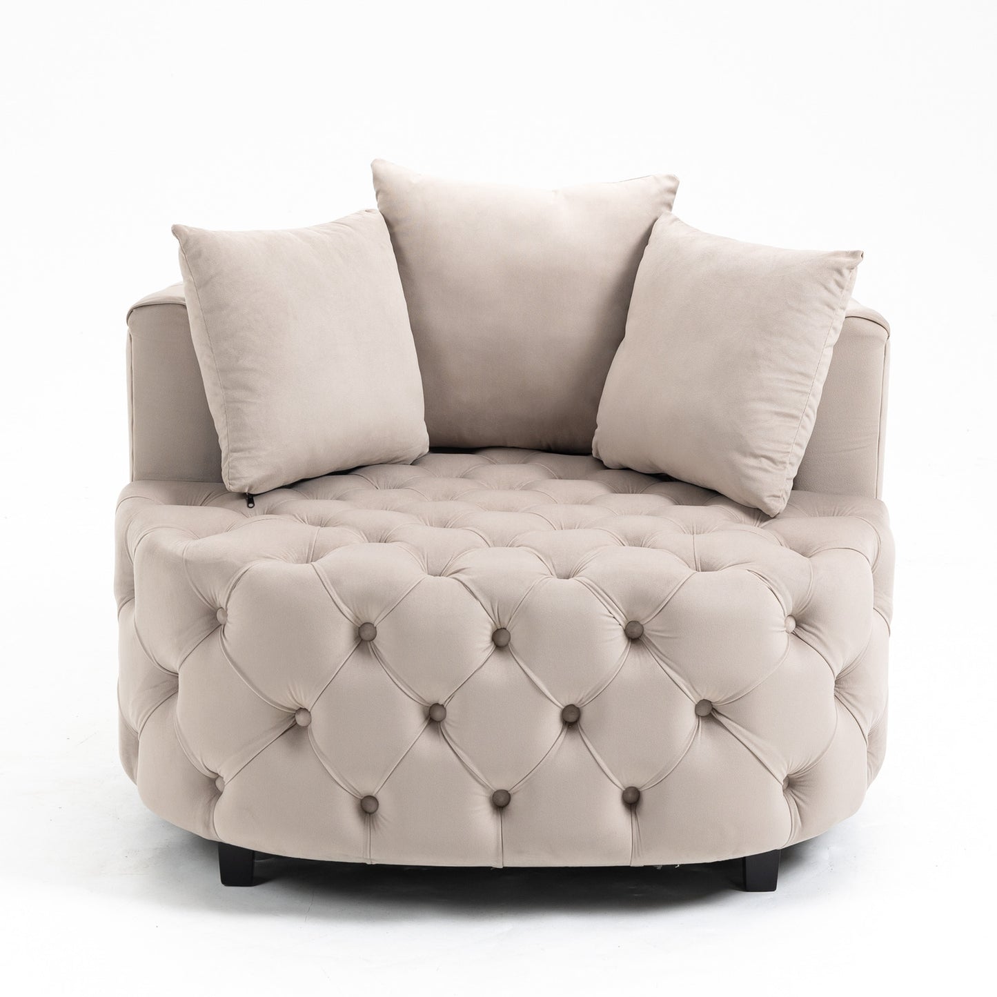 Tufted Upholstered Classical Living Room Barrel Accent Chair with Pillows- Khaki_2