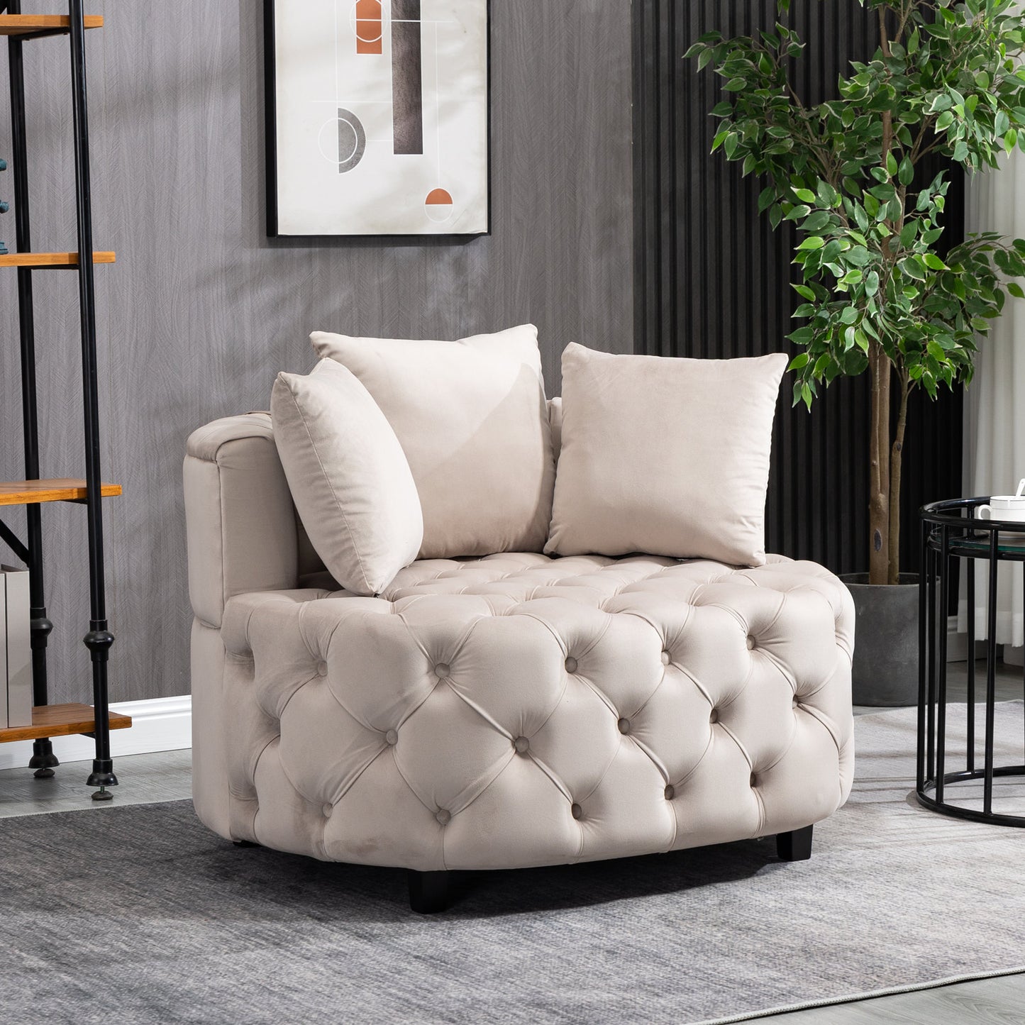 Tufted Upholstered Classical Living Room Barrel Accent Chair with Pillows- Khaki_9