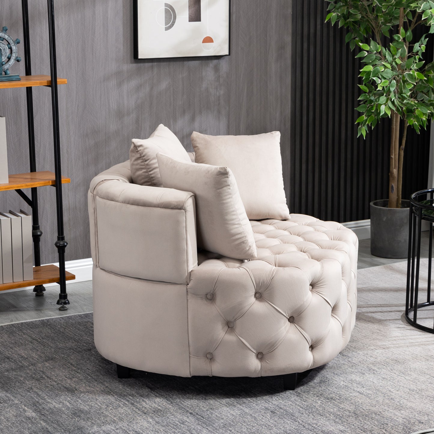 Tufted Upholstered Classical Living Room Barrel Accent Chair with Pillows- Khaki_10